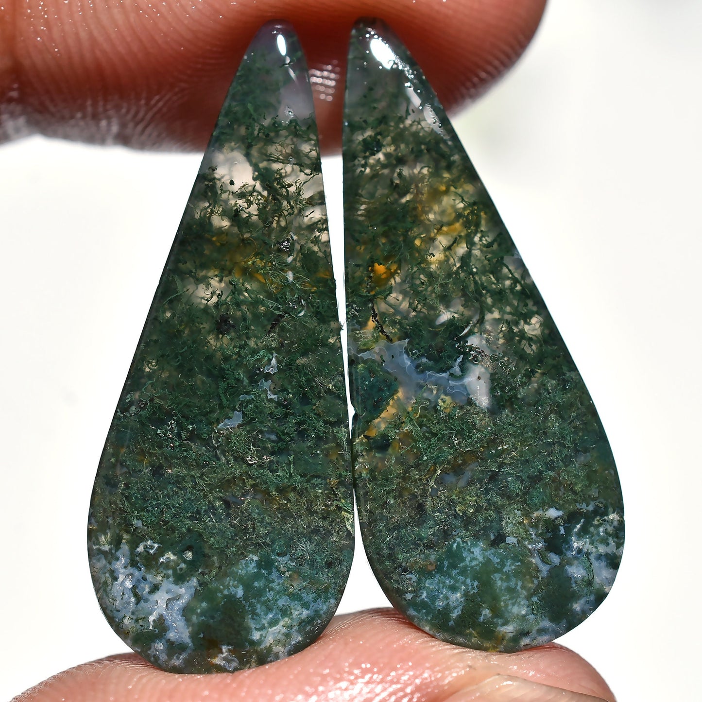 Unique Moss Agate Loose Gemstones - Pear Shaped Green Moss Agate Cabochon Pair