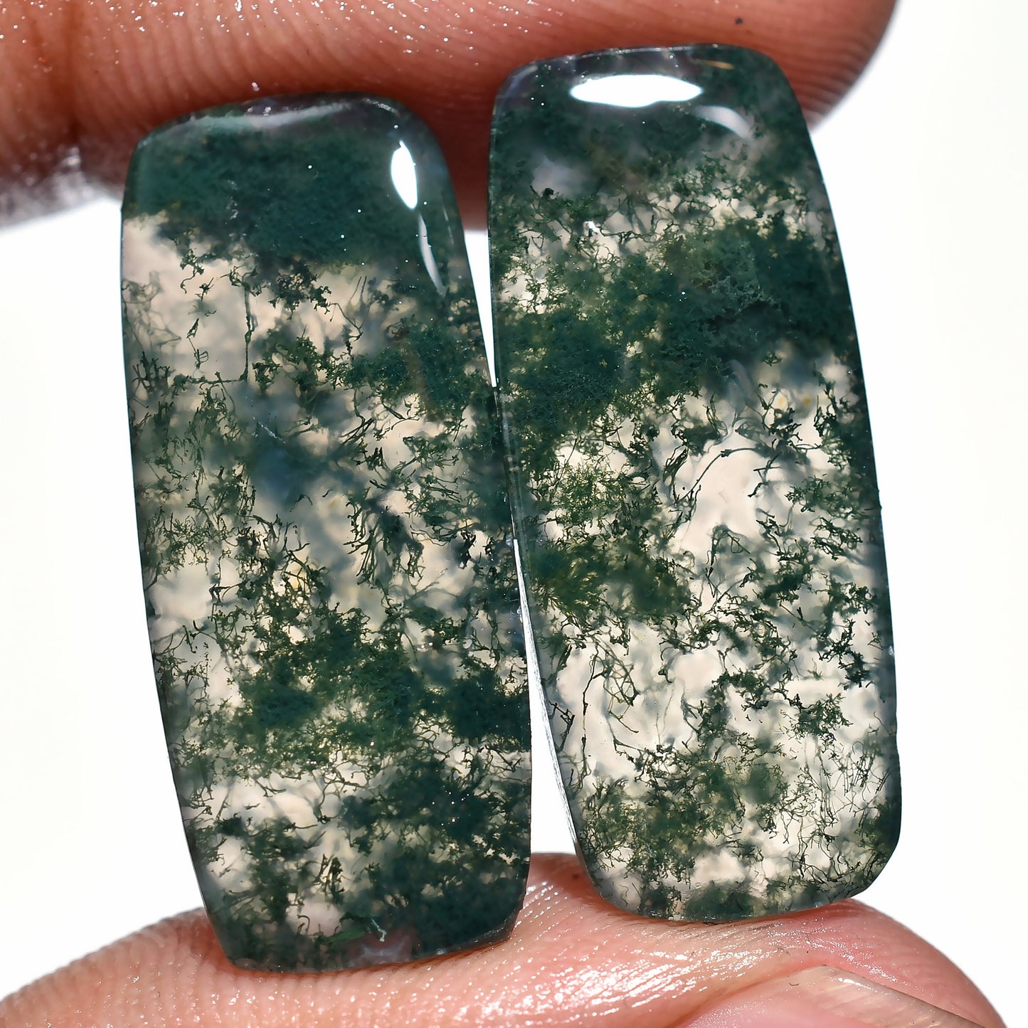 100% Natural Green Moss Agate Gemstone Pair – Smooth Flat Back Crystals for Earrings
