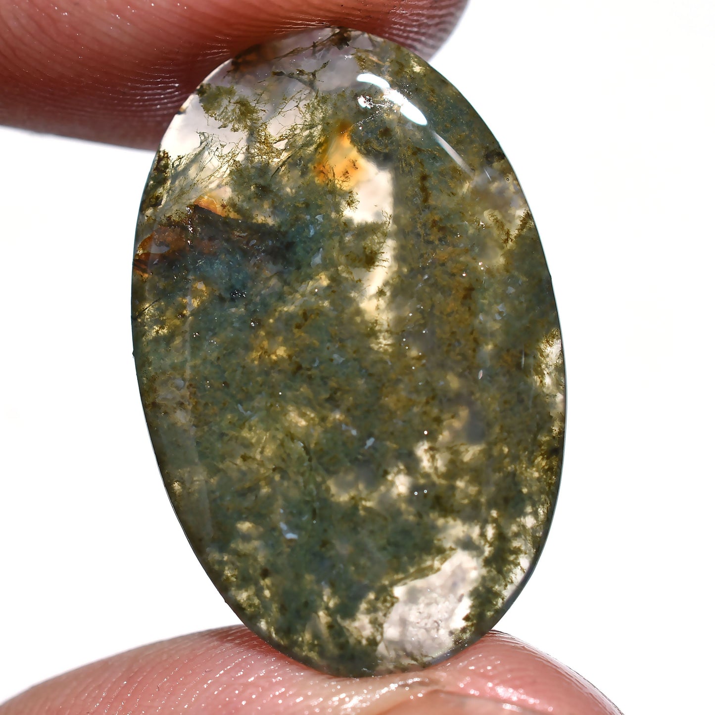 Scenic Moss Agate Cabochon - Fancy Oval Polished Gemstone, Smooth Flat Back Cabochon