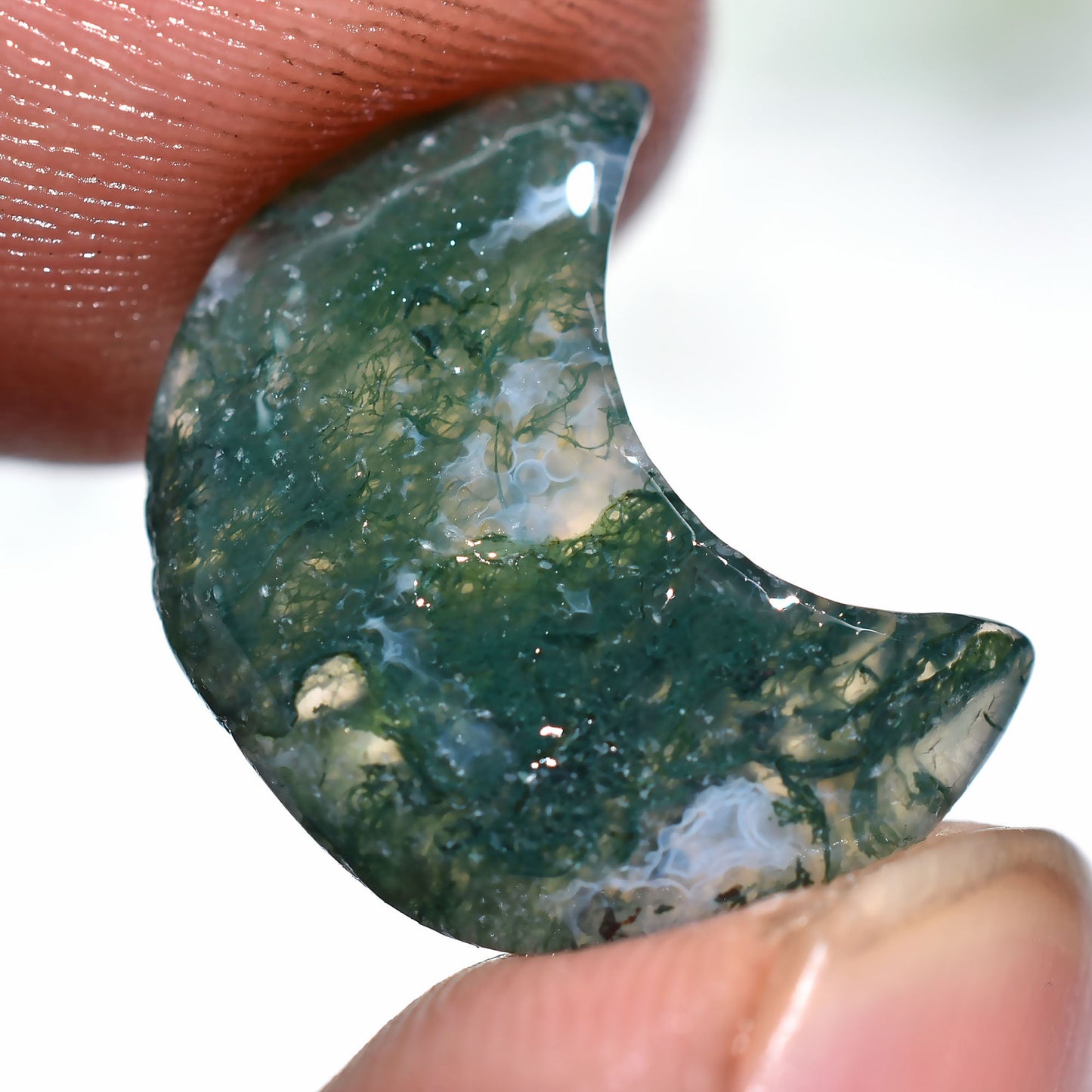 Green Moss Agate Crescent Moon Stone - Half Moon Crystal Carving & Healing Gemstone