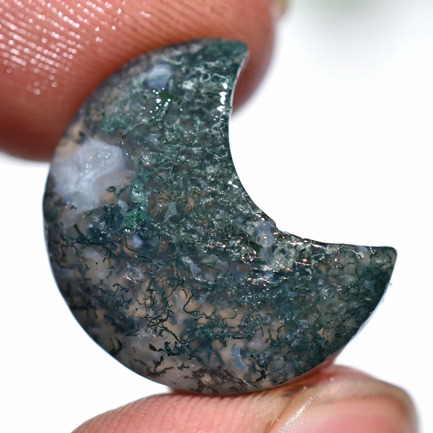 Green Moss Agate Crescent Moon Stone - Half Moon Crystal Carving & Healing Gemstone