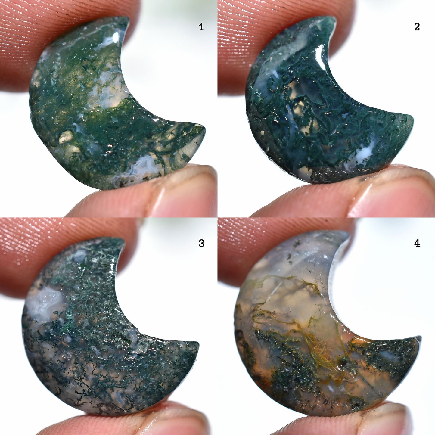 Green Moss Agate Crescent Moon Stone - Half Moon Crystal Carving & Healing Gemstone