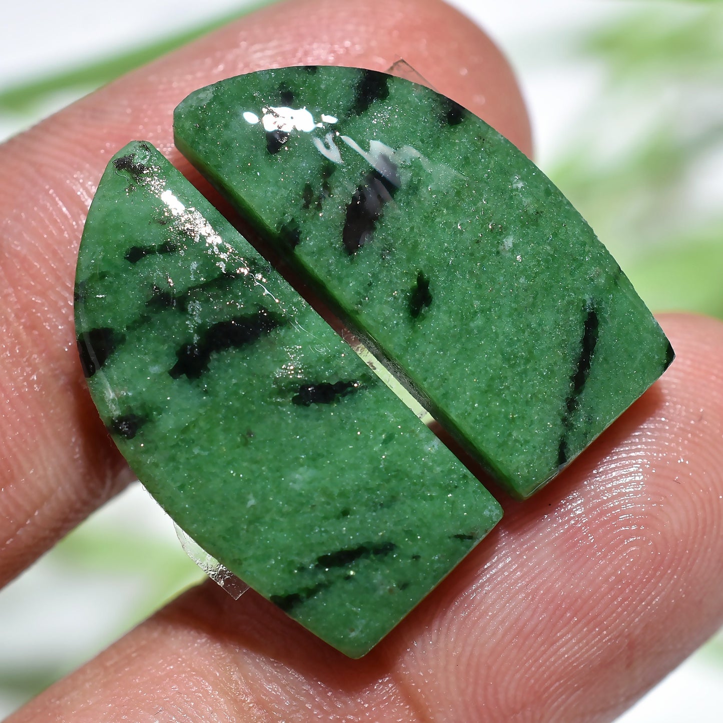 Green Ruby Zoisite Loose Cabochon Pair – Smooth Fancy Shape Stones for Jewelry Design