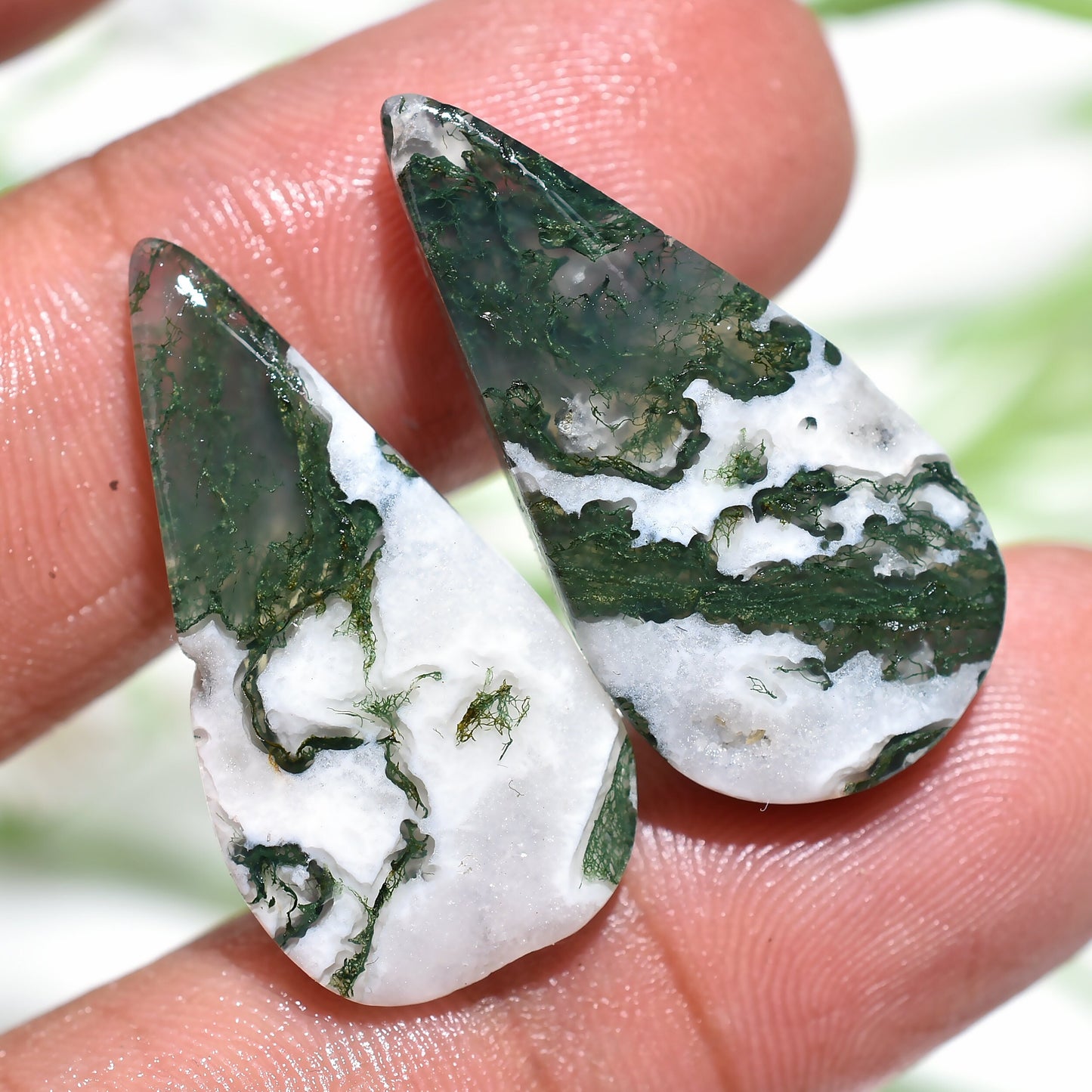 Elegant Moss Agate Pear Cabochon Pair – Natural Green Agate for Jewelry & DIY Crafting