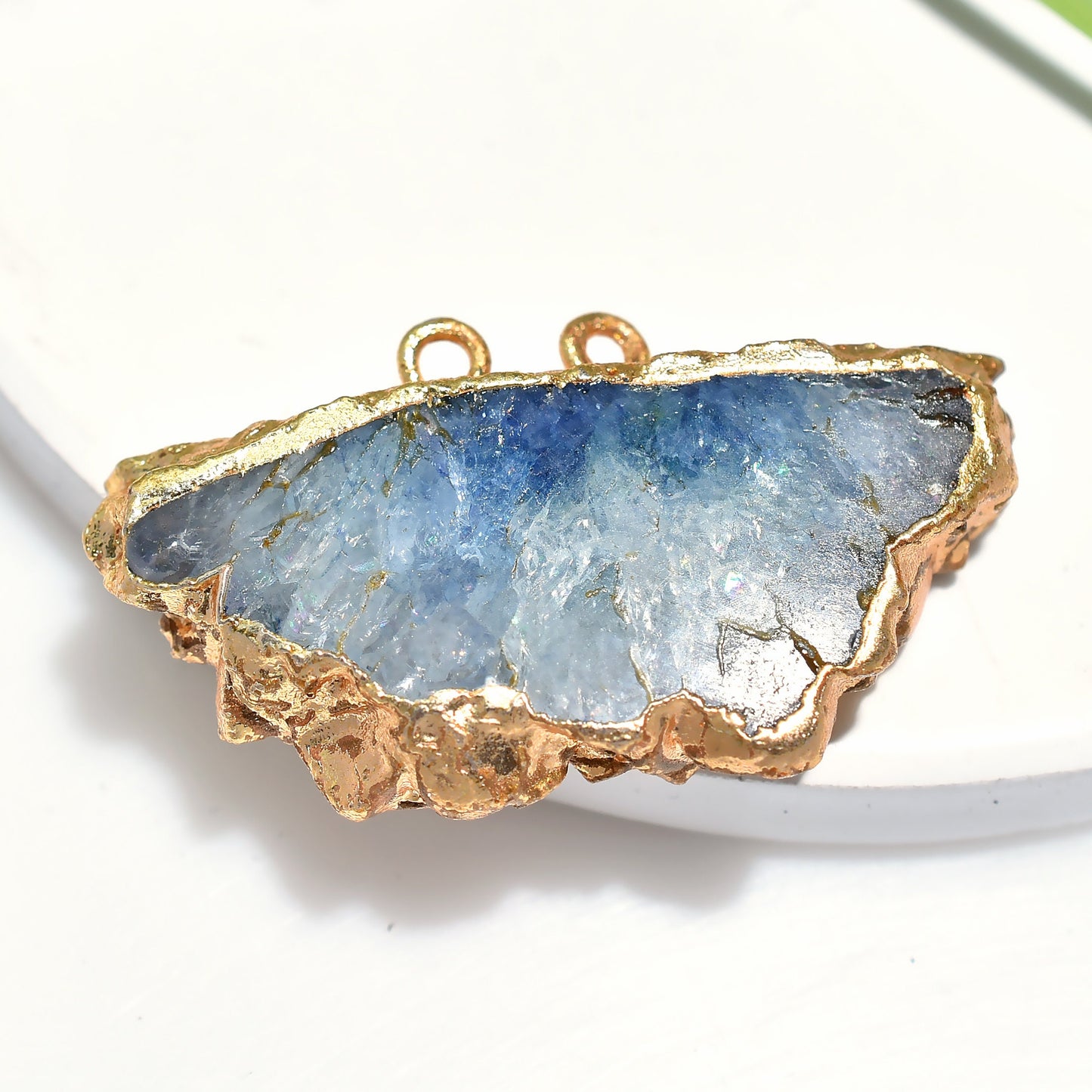 Graceful Blue Gemstone Bali Pendant – Solar Quartz Double Bail Connector for DIY Jewelry