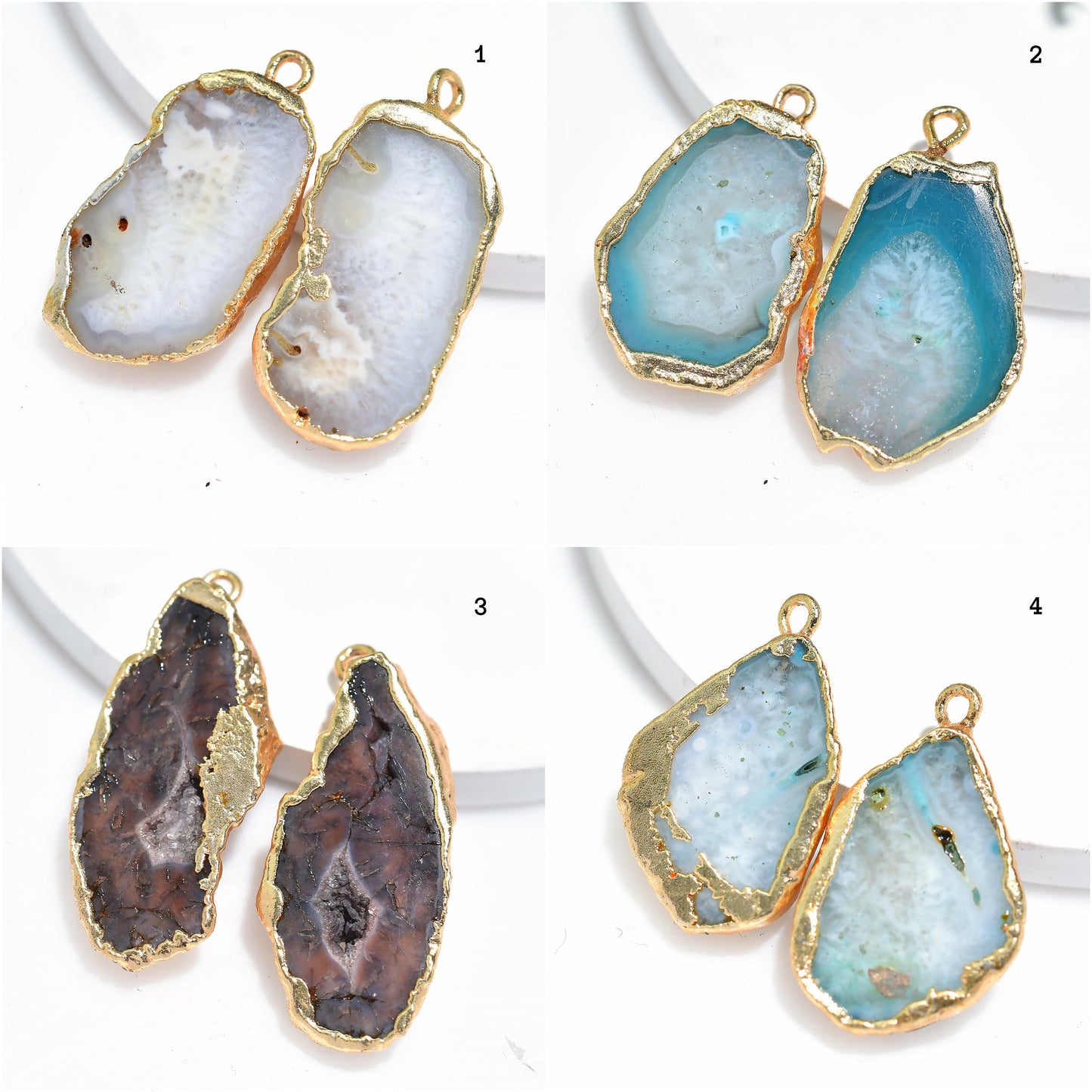 Natural Blue Geode Druzy Earring Pair – Gold Electroplated Single Bail DIY Quartz Gemstone Charm Connector