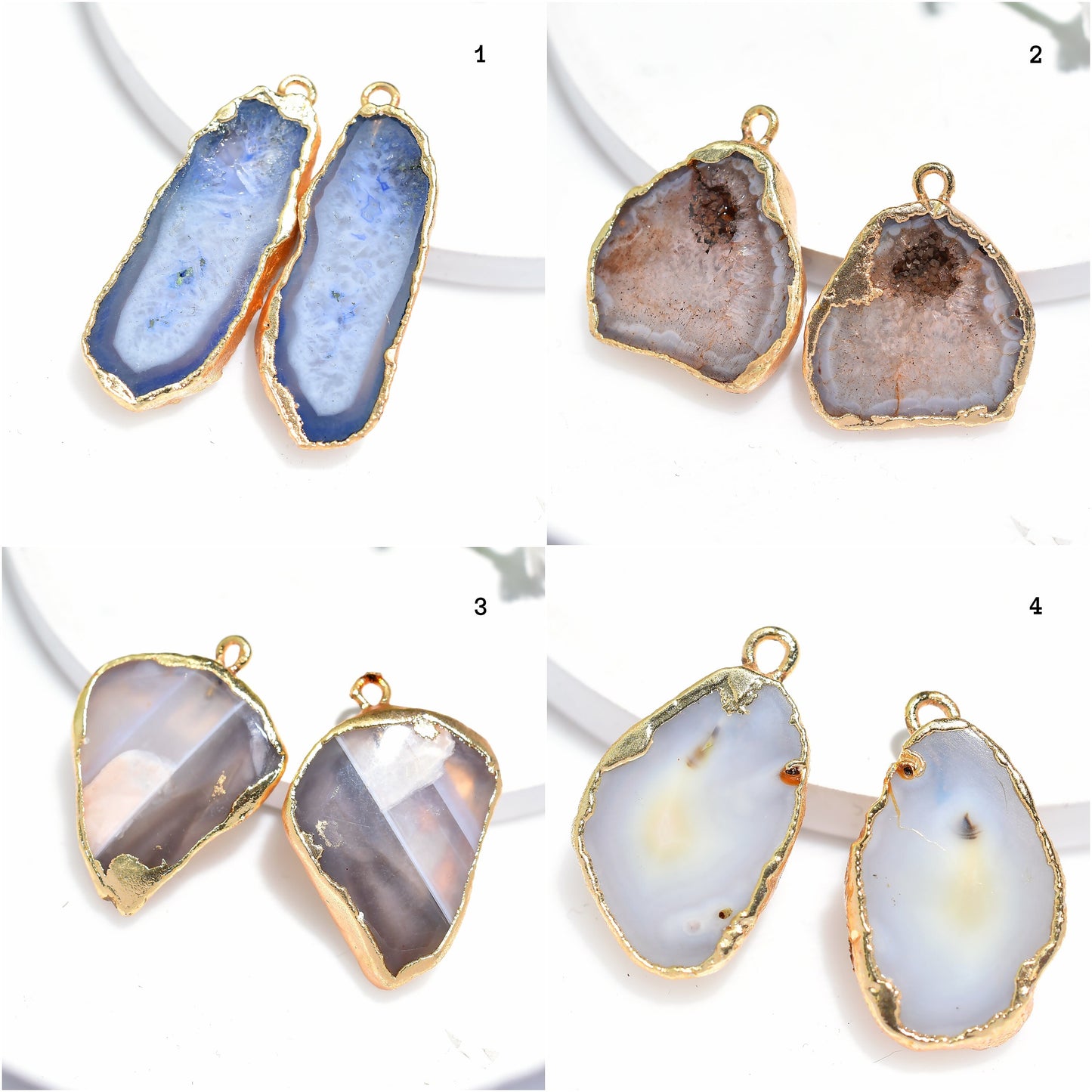 Agate Druzy Slice Charms Earring Pair – Brown-Blue Gold Electroplated Stones