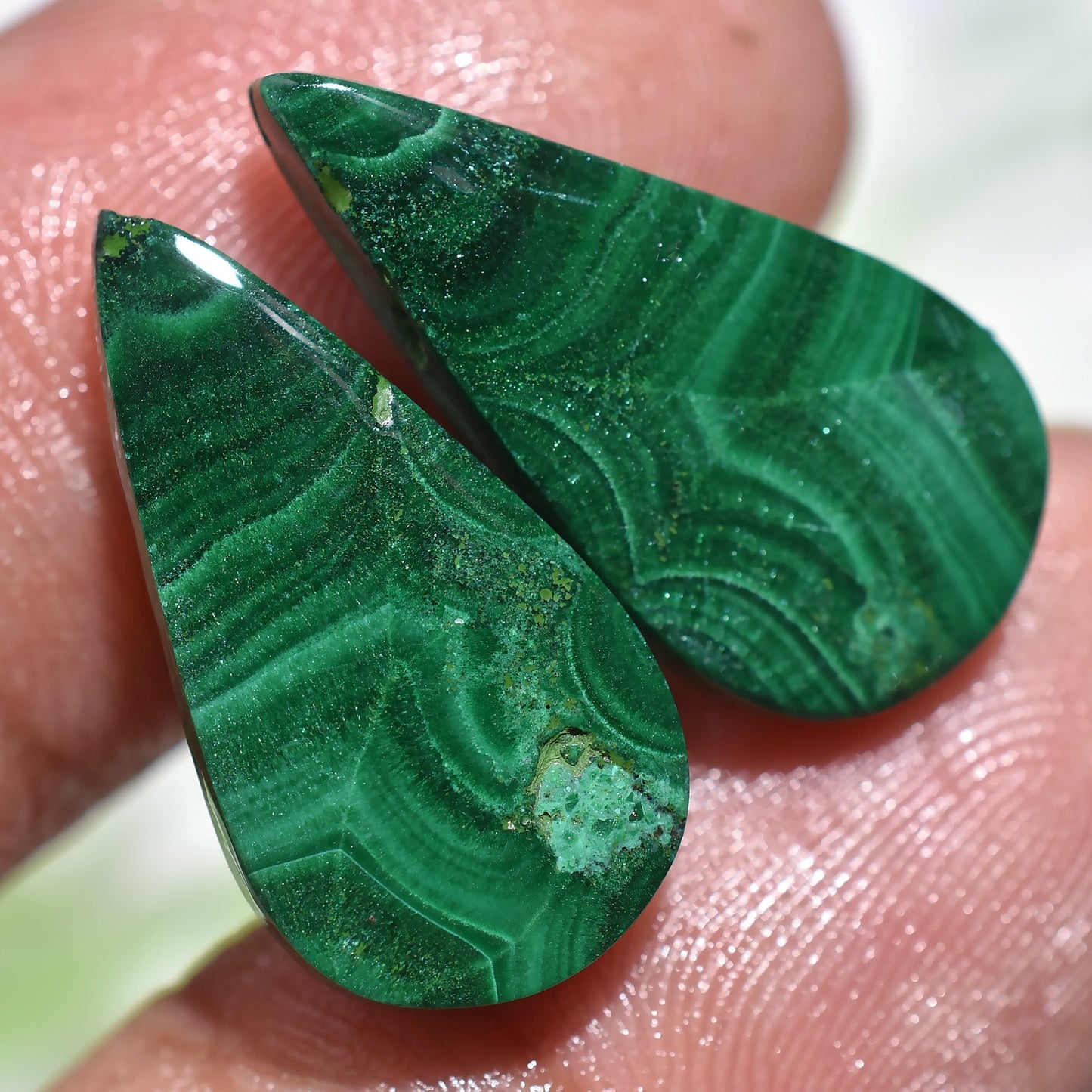 Natural Green Malachite Gemstone Pair – Smooth Flat Back Malachite Cabochon for Jewelry Making