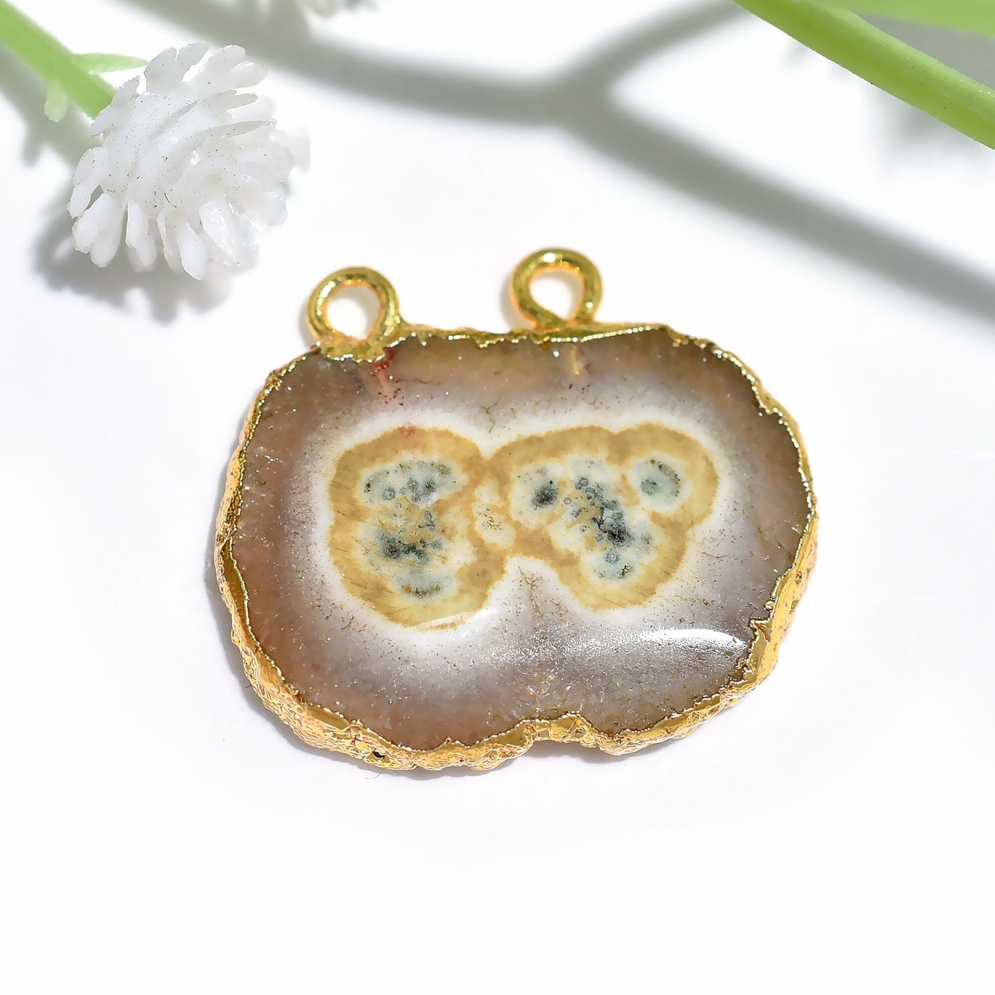Beautiful Gold Electroplated Connector with Solar Quartz Pendant, Double Bail Pendant for Women