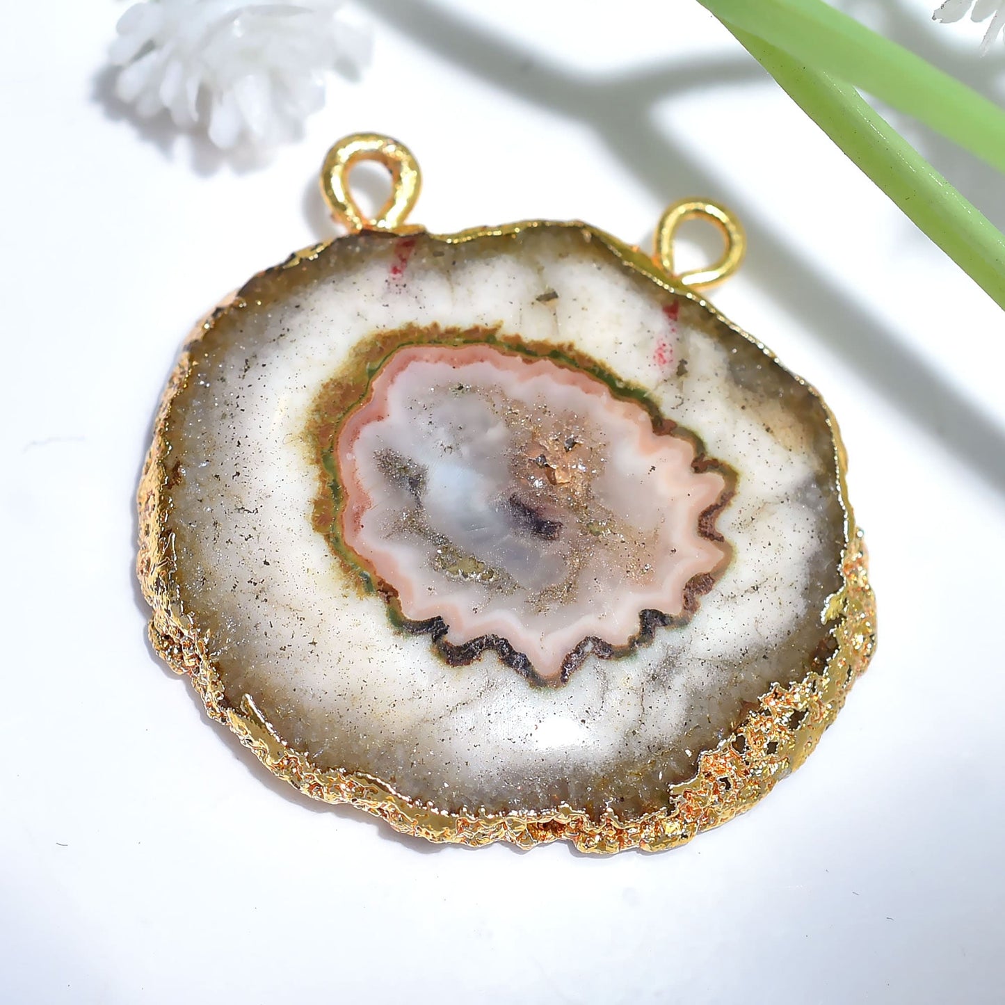 Beautiful Gold Electroplated Connector with Solar Quartz Pendant, Double Bail Pendant for Women