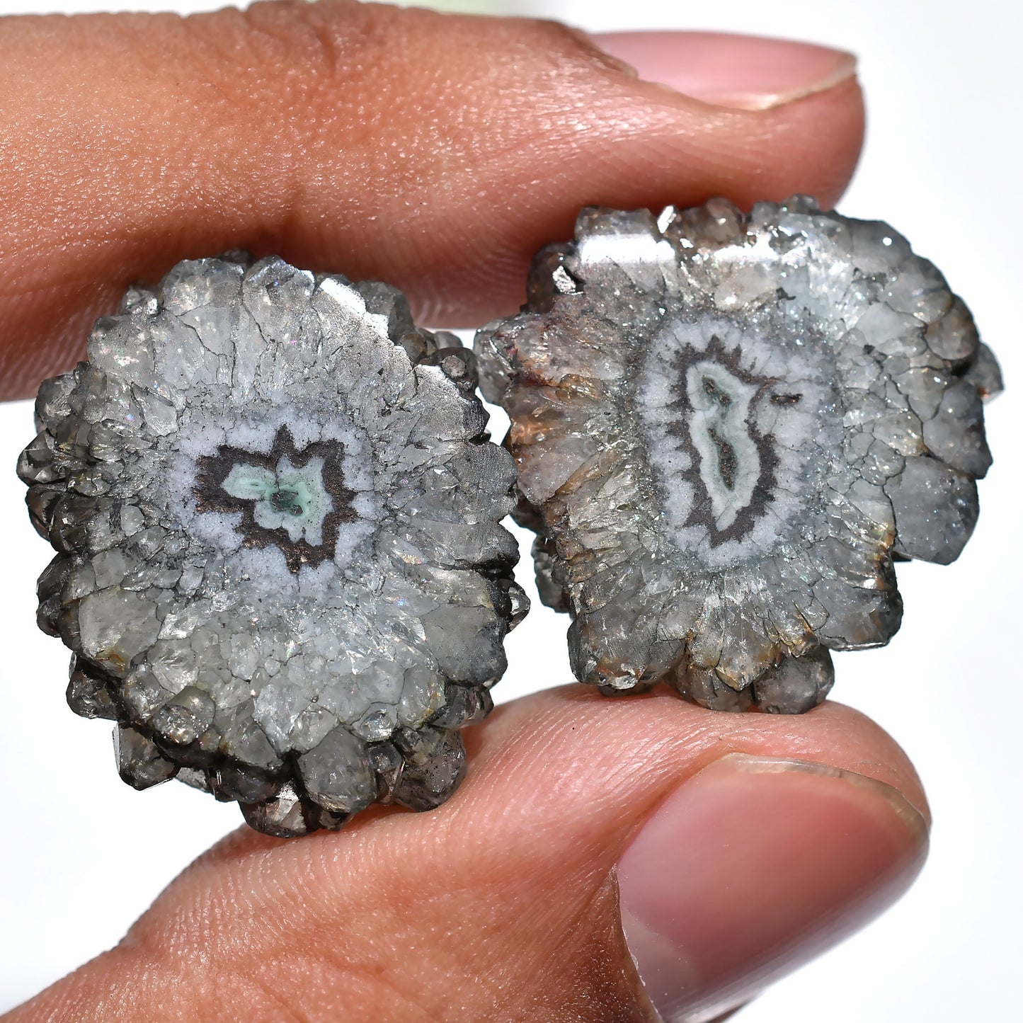 Grey Druzy Solar Quartz – Natural Stalactite Gemstone Slices for Earrings