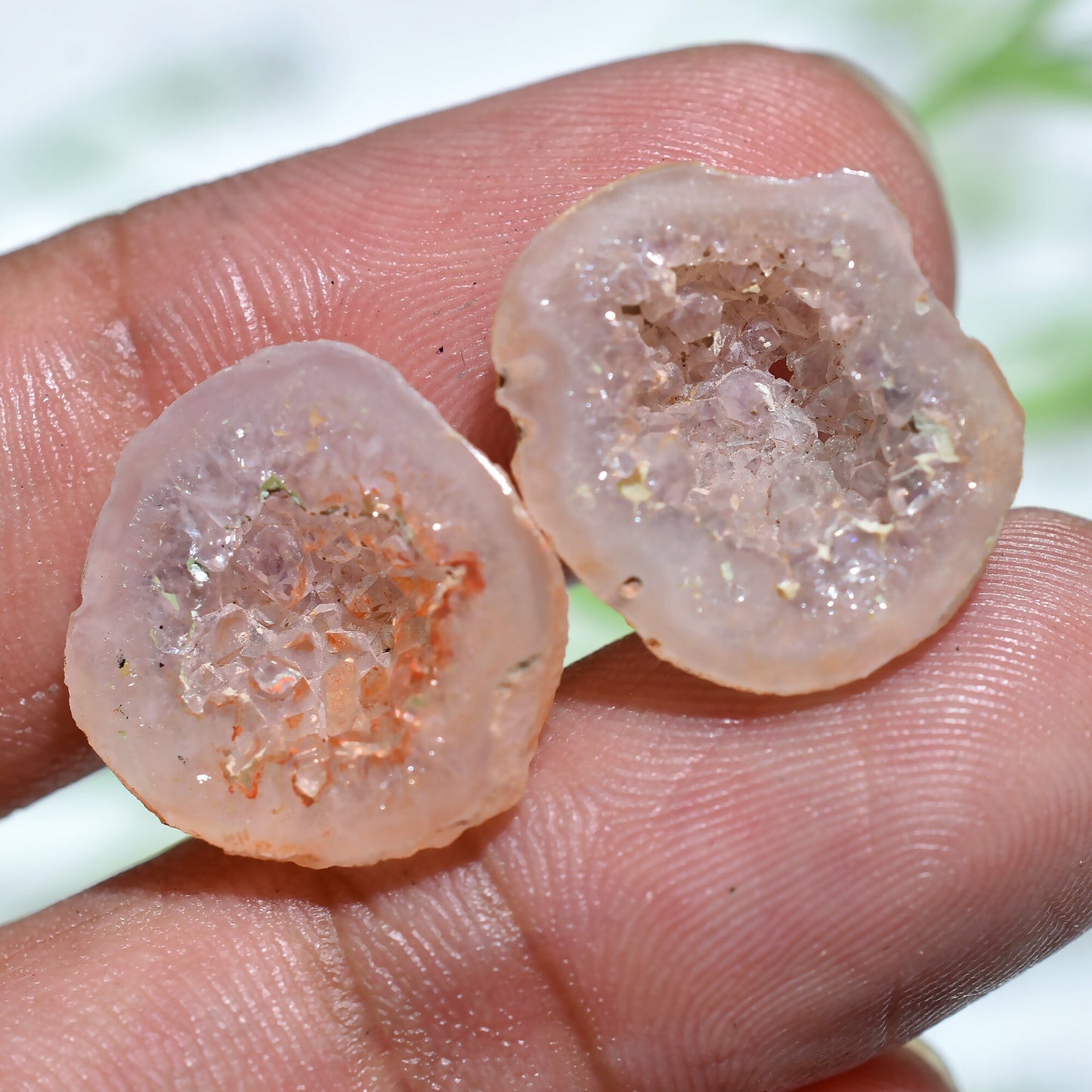 Fancy Agate Druzy Loose Pair - Light Orange Window Geode Gemstones, Earring Pair for Jewelry