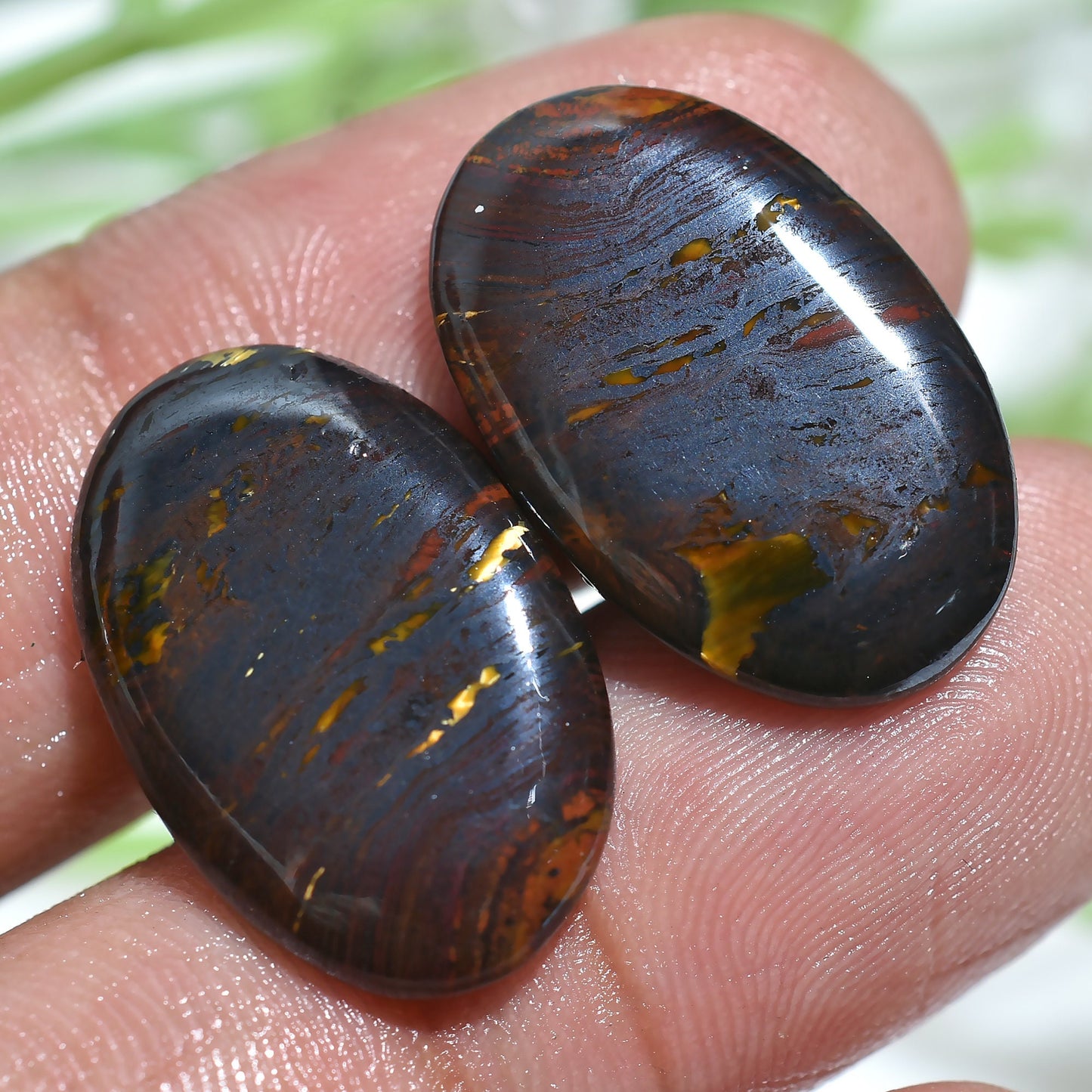 Oval Shape Iron Tiger Eye Gemstone Pair - Smooth Polished Matched Cabochons