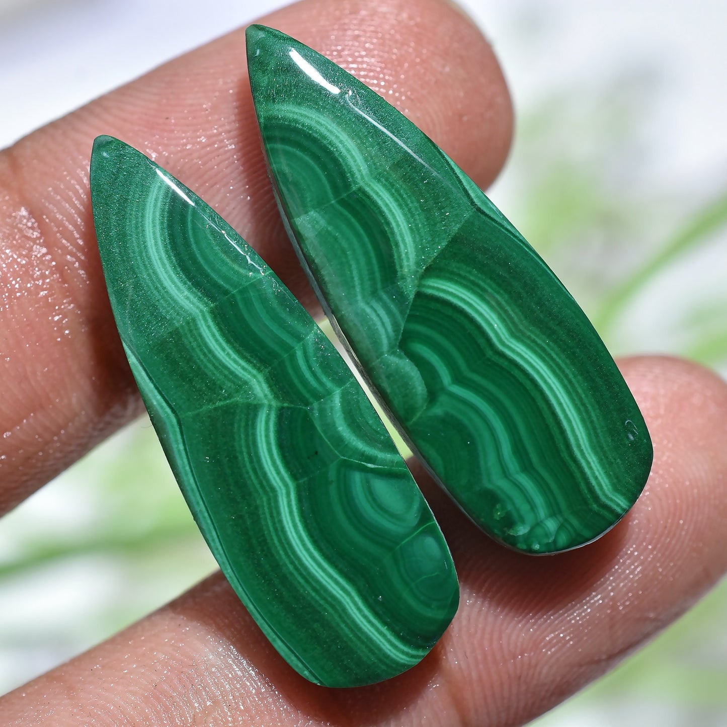 Natural Design Malachite Matched Pair - Pear Shape Green Malachite Cabochons