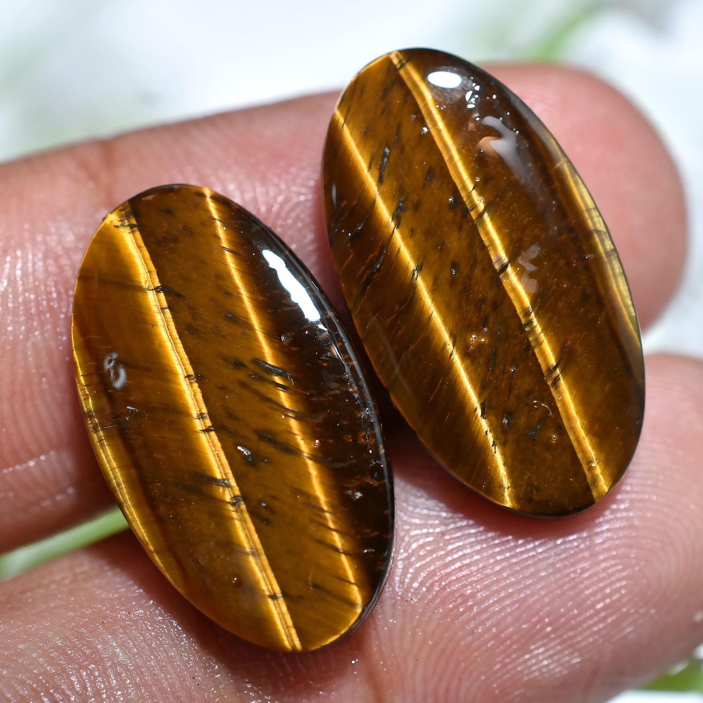 Natural Golden Tiger Eye Cabochon Pair – Smooth Polished Loose Stones for Earrings
