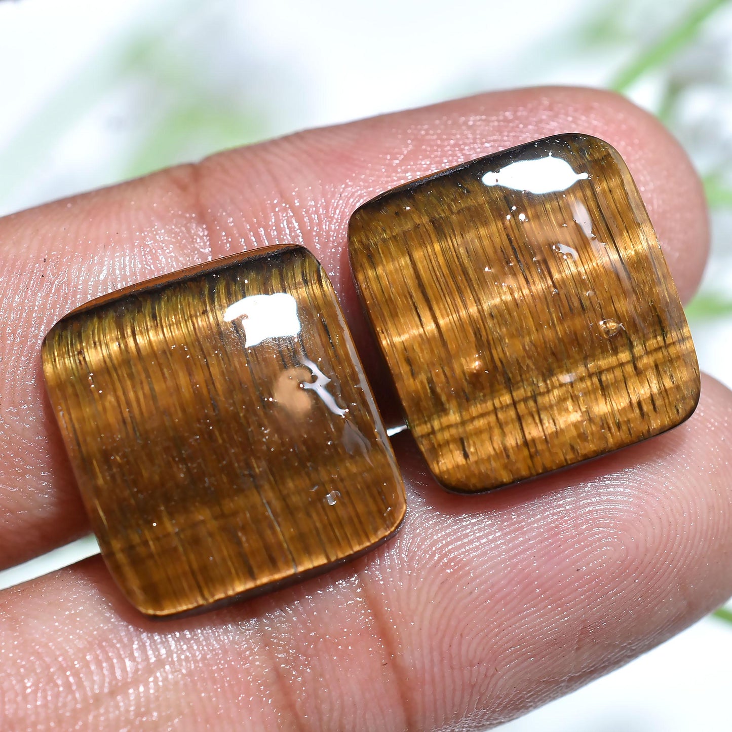 Natural Golden Tiger Eye Cabochon Pair – Smooth Polished Loose Stones for Earrings