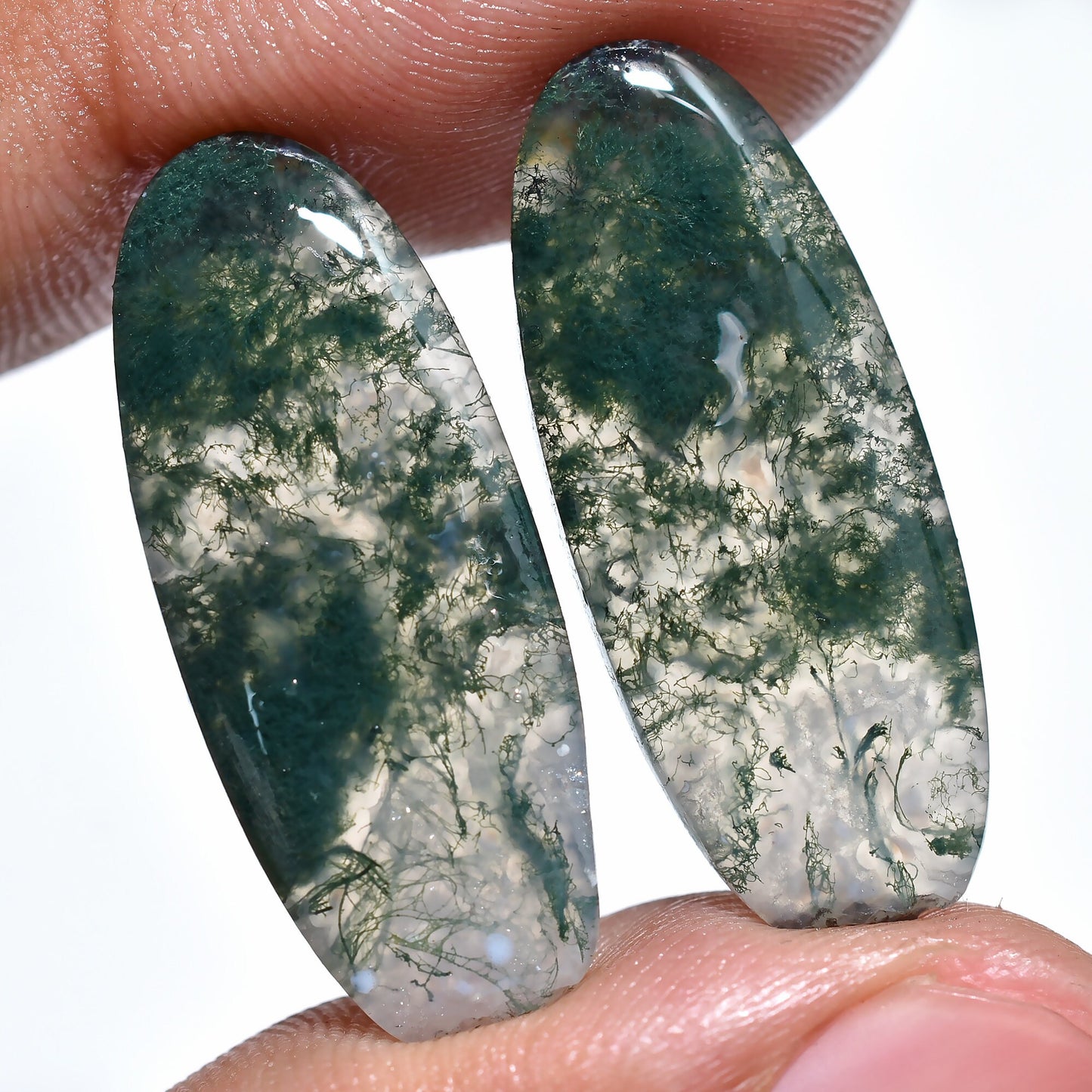Oval Shape Moss Agate Pair - Designer Agate Gemstone for Earrings & Jewelry Making