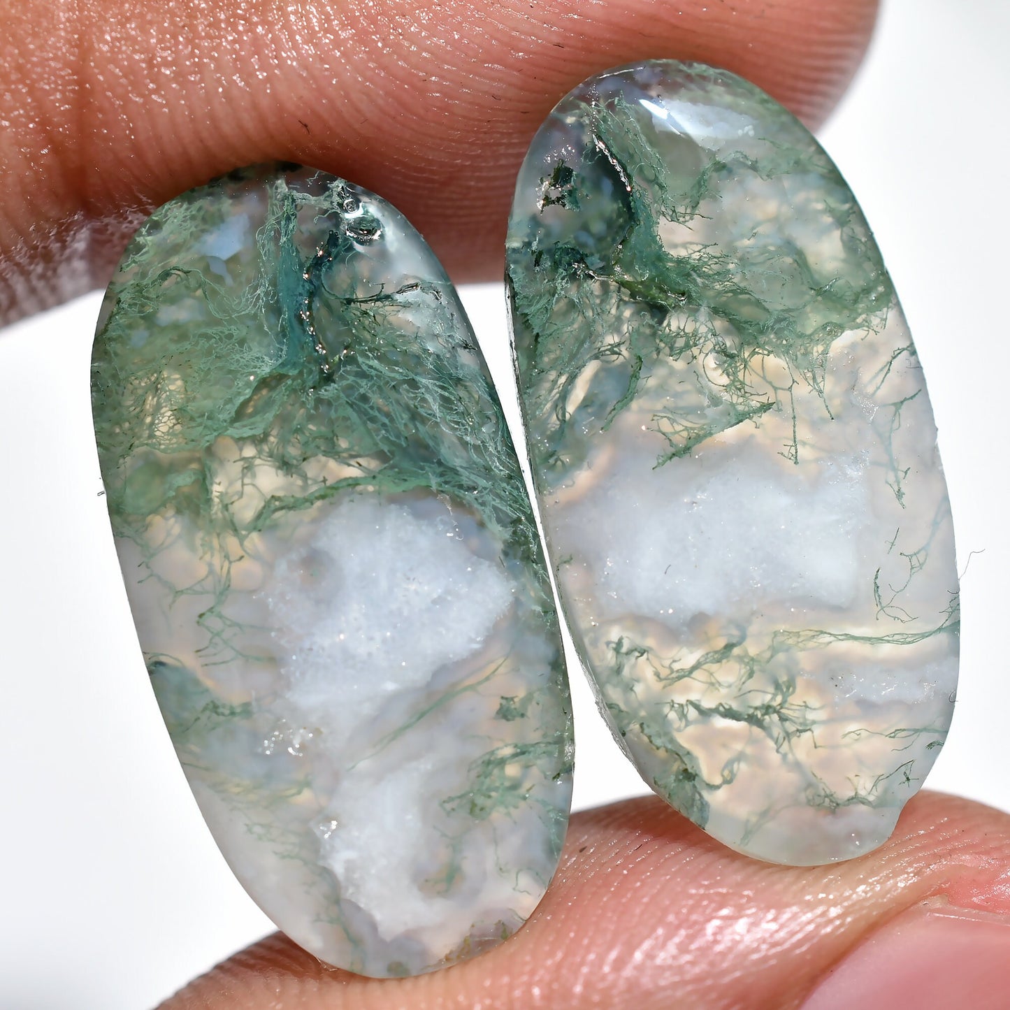 Oval Shape Moss Agate Pair - Designer Agate Gemstone for Earrings & Jewelry Making