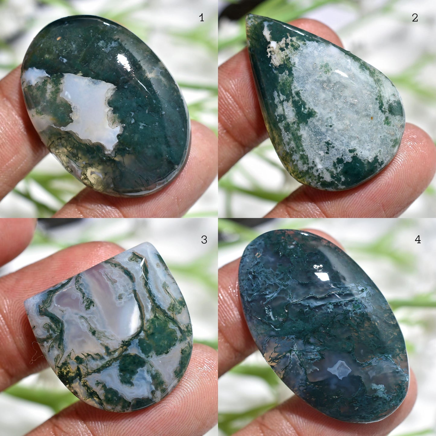 Rare Moss Agate Gemstone - Dark Green Pear & Oval Cabochons for Wire Wrapping