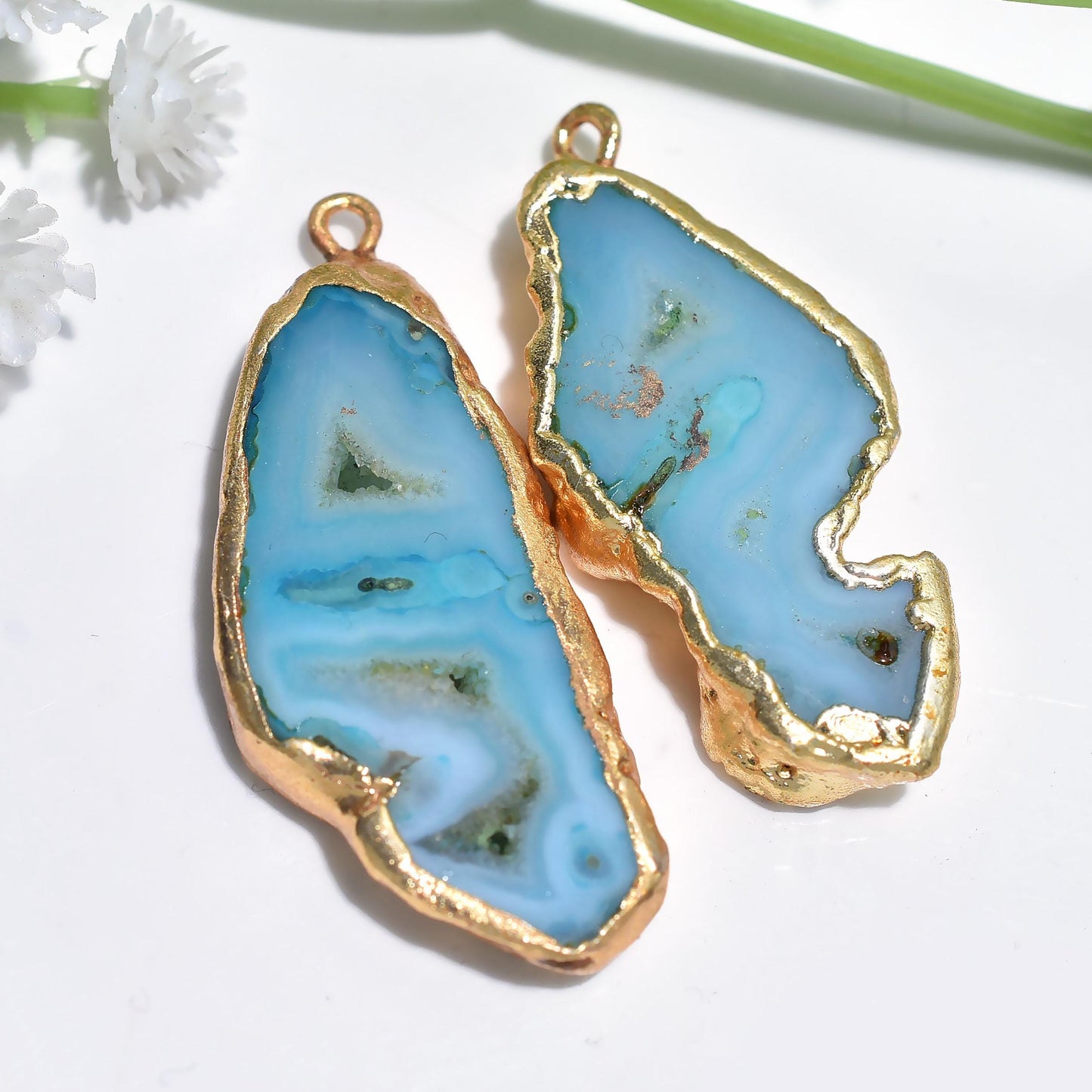 Natural Geode Druzy Earrings - Gold Plated Agate Slice with Blue Crystals
