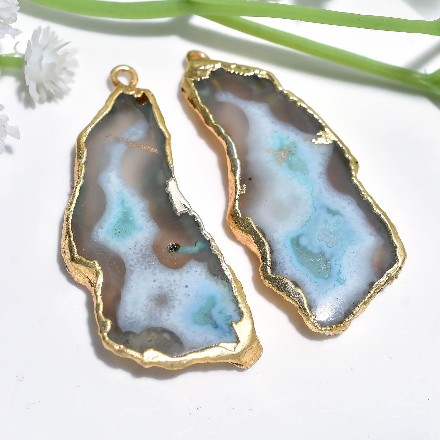 Natural Geode Druzy Earrings - Gold Plated Agate Slice with Blue Crystals