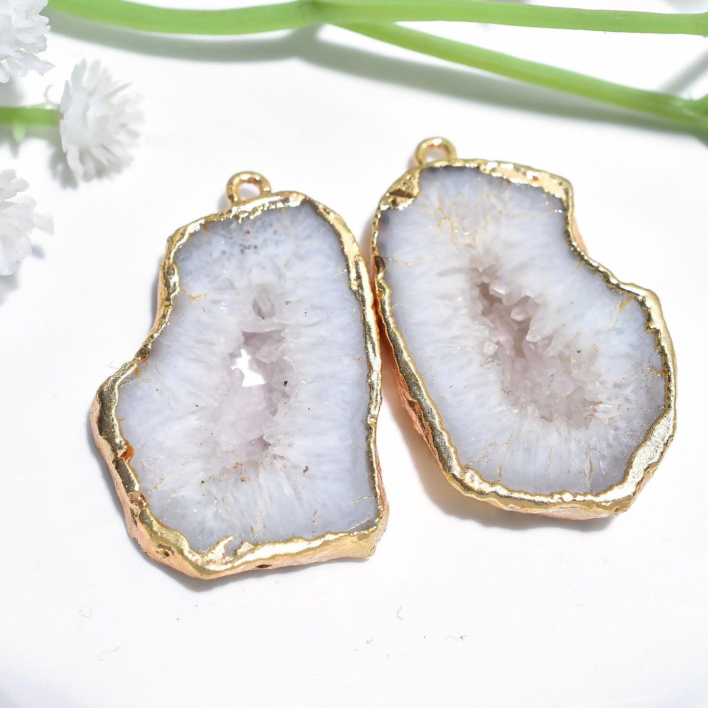 Natural Geode Druzy Earrings - Gold Plated Agate Slice with Blue Crystals