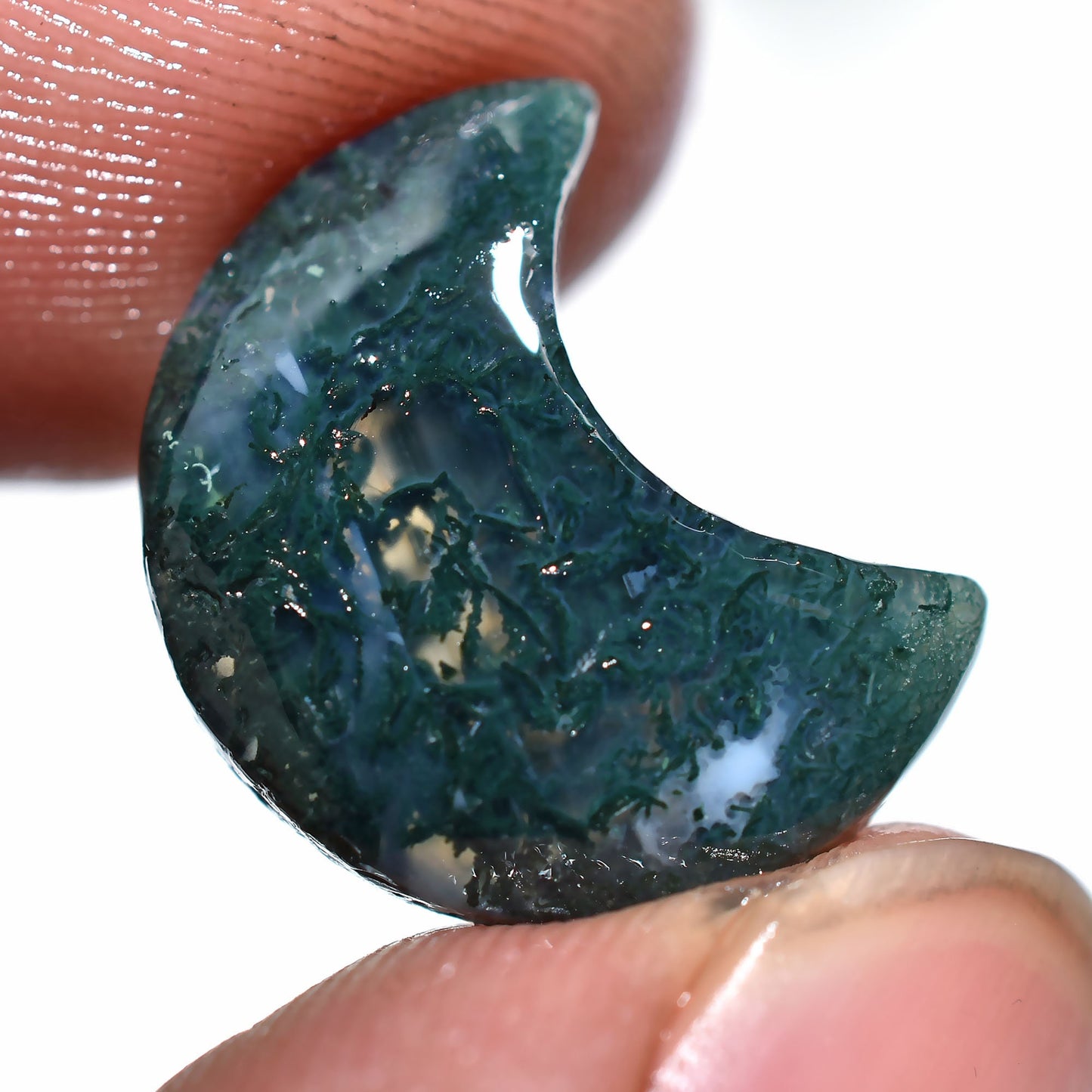 Green Moss Agate Crescent Moon Stone - Half Moon Crystal Carving & Healing Gemstone
