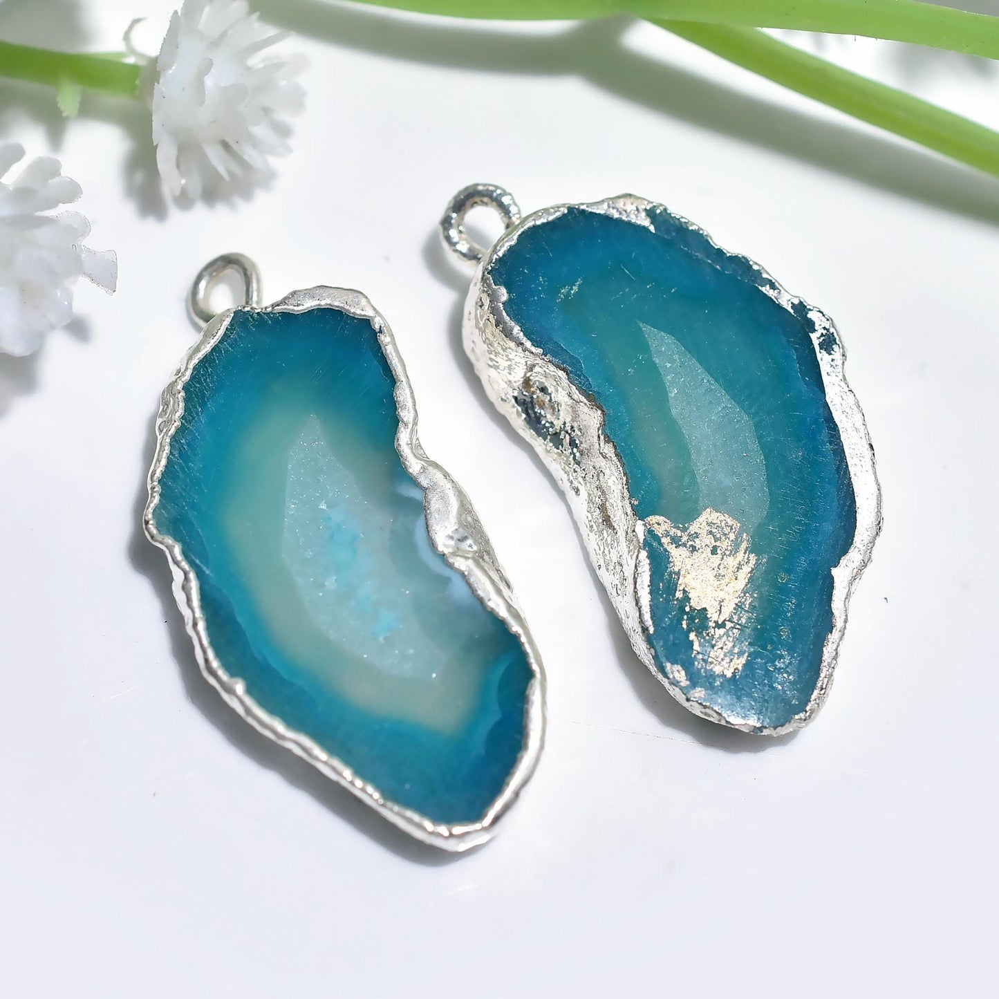 Solar Quartz Gemstone Pair - Silver Electroplated Earrings Pair - Fancy Shape Geode Agate