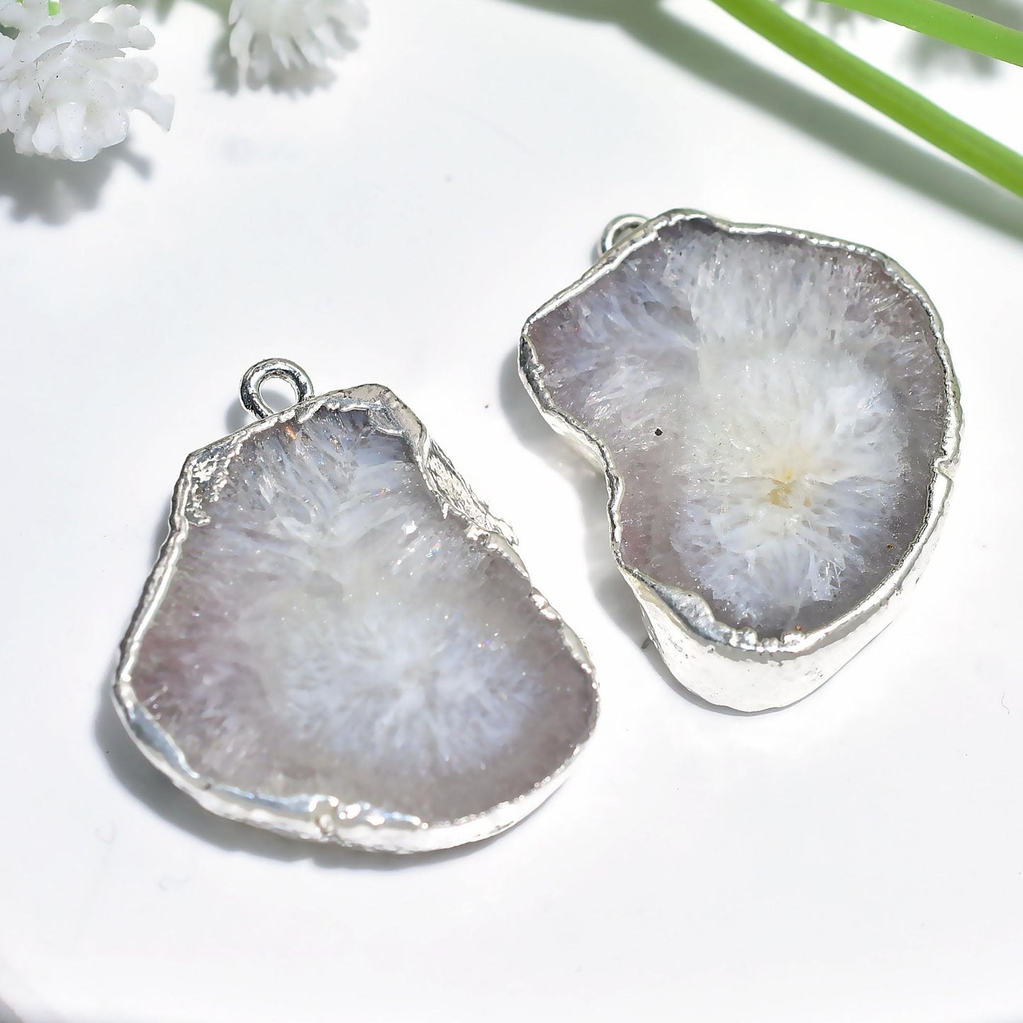 Solar Quartz Gemstone Pair - Silver Electroplated Earrings Pair - Fancy Shape Geode Agate