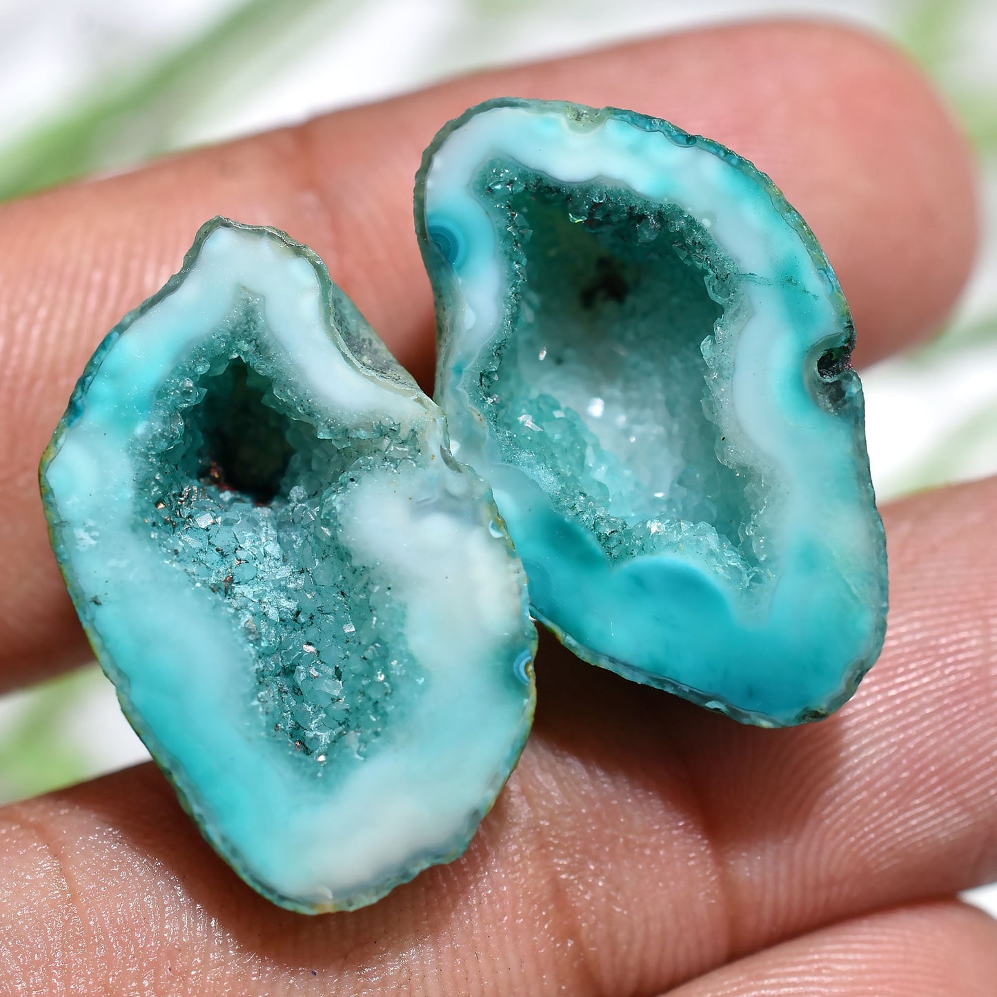 Geode Blue Druzy Agate Solar Quartz Pairs – Unique Window Agate Fancy Shape Slice for Jewelry Making