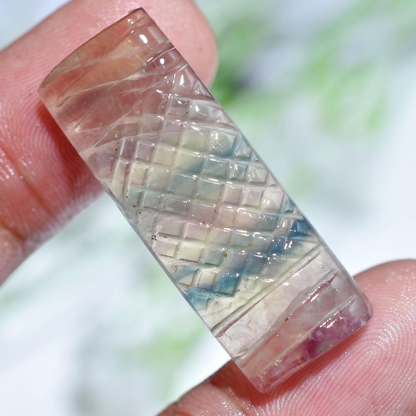 Whimsical Fluorite Carved Stone – Rectangle Shape, Color Burst Gemstone for Pendants