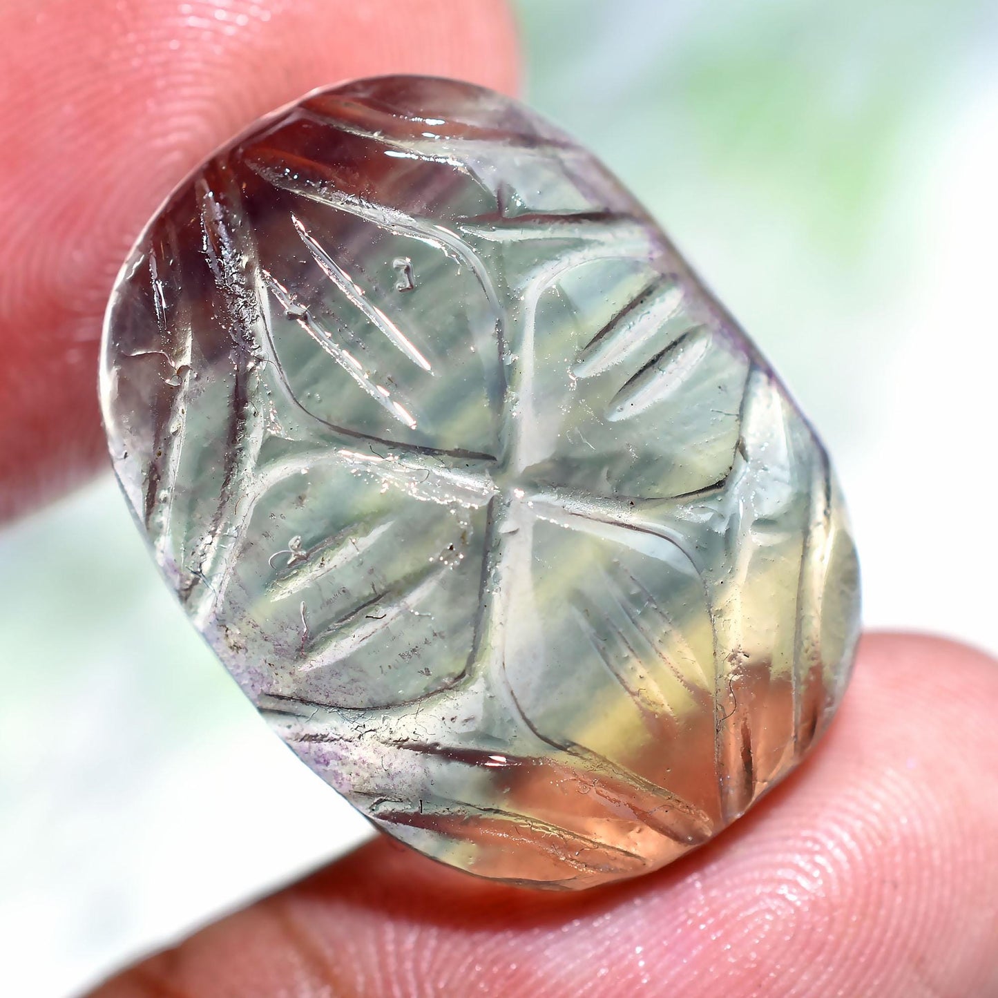 Graceful Fluorite Crystal - Rainbow Fluorite Gemstone, Eye-Catching Fluorite Jewelry, Leaf Carving Fluorite Stone, Designer Fany Shape Gems