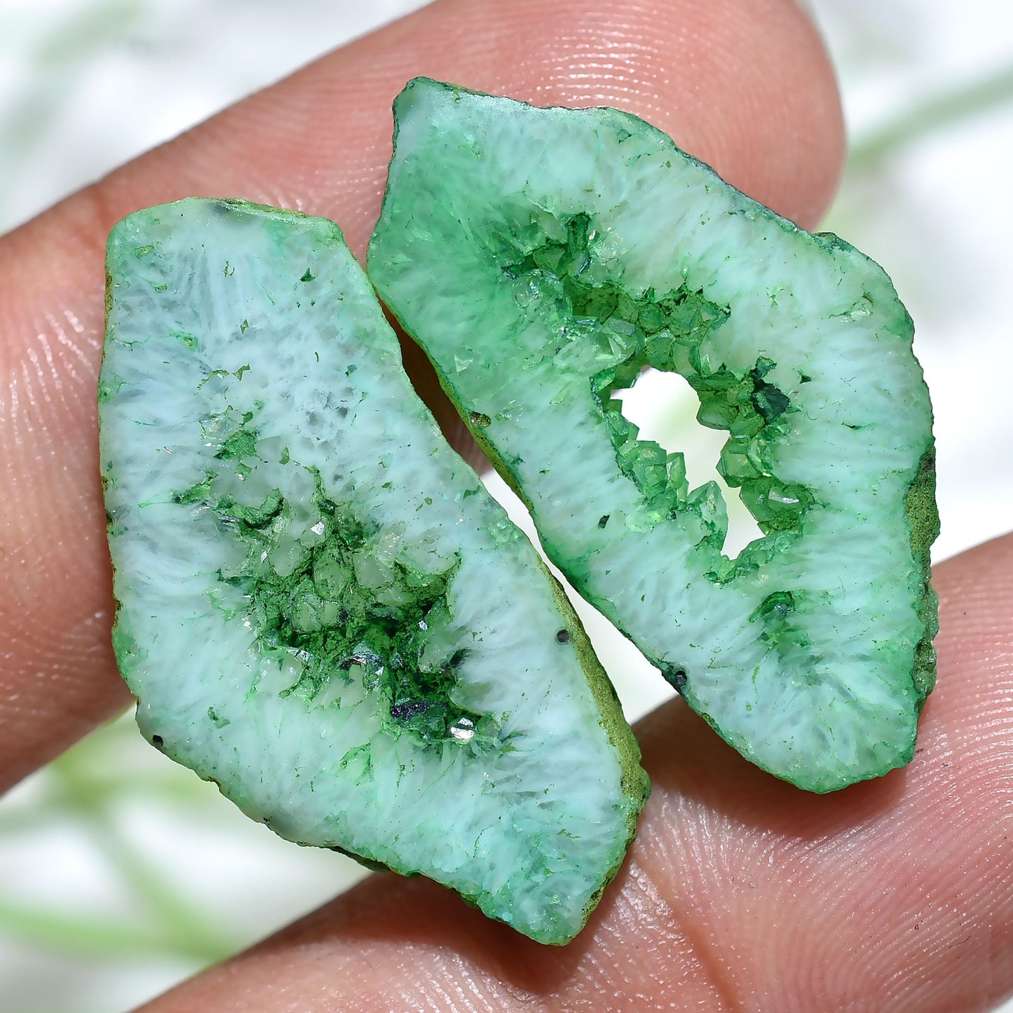 Window Druzy Green Solar Quartz Gemstone Pair - Fancy Druzy Slice for DIY Earrings