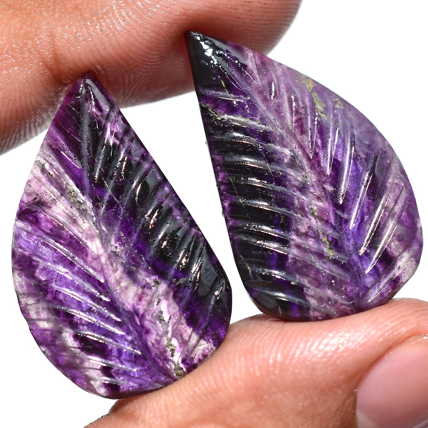Fluorite Leaf Carved Earring Pair – Hand-Carved Purple Fluorite Cabochons
