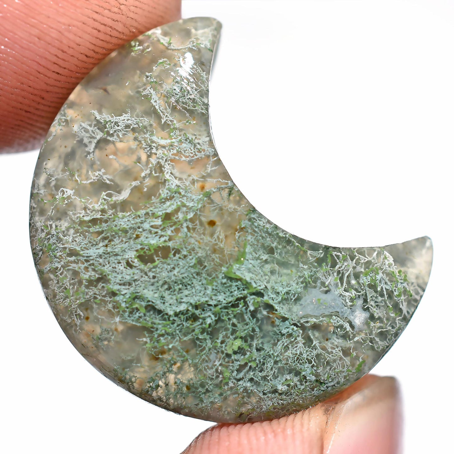 Natural Green Moss Agate Crescent Moon Cabochons - Half Moon Loose Stones