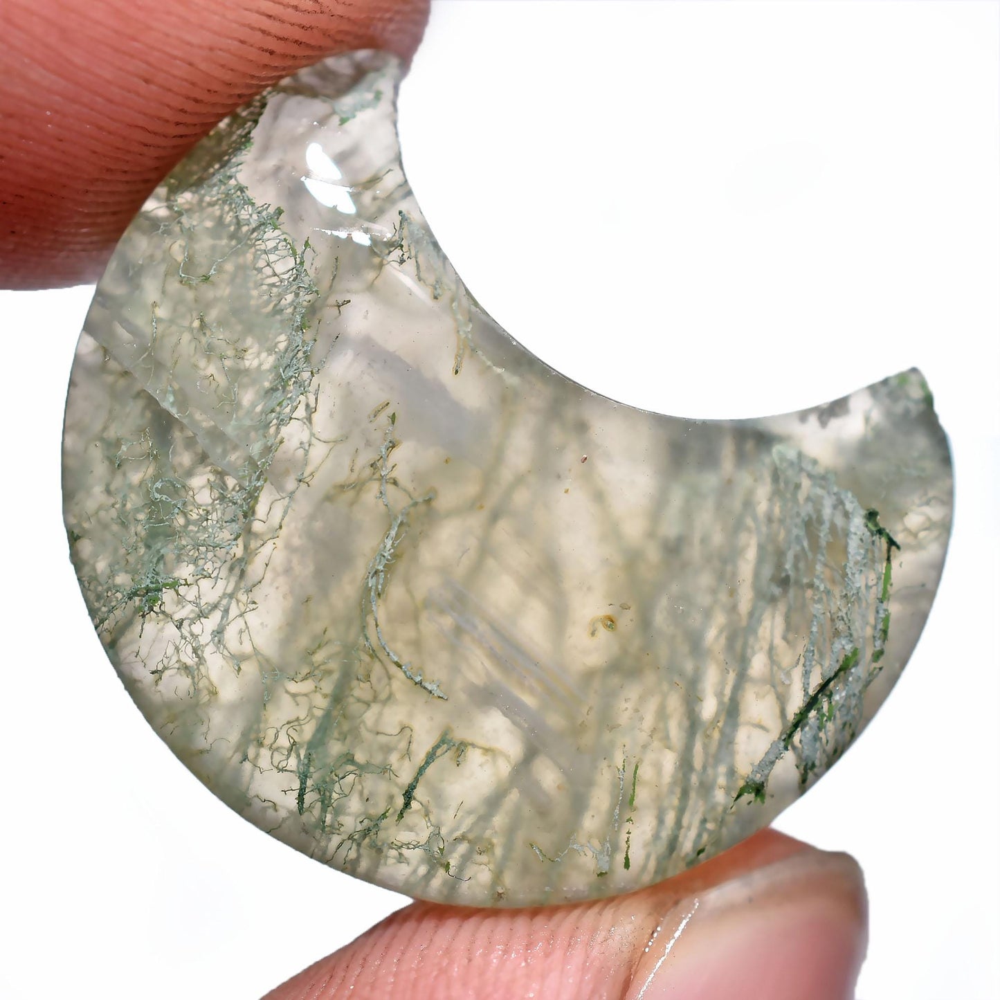 Moss Agate Moon Gemstone – Smooth Polished Crescent for Jewelry Making