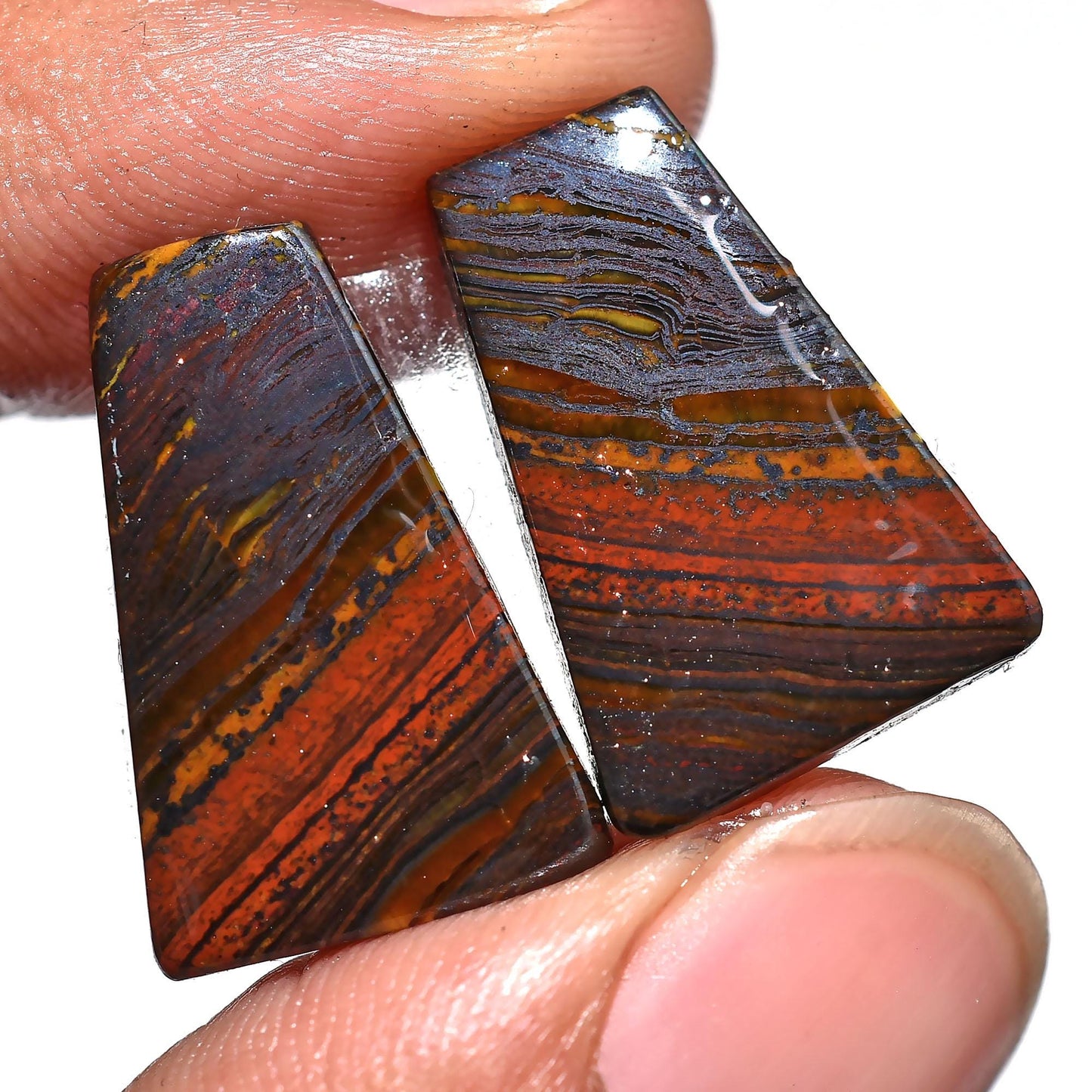 Attractive Iron Tiger Eye Gemstone Pair - Oval Shaped Cabochons for Custom Earrings, Wholesale Flatback Stones