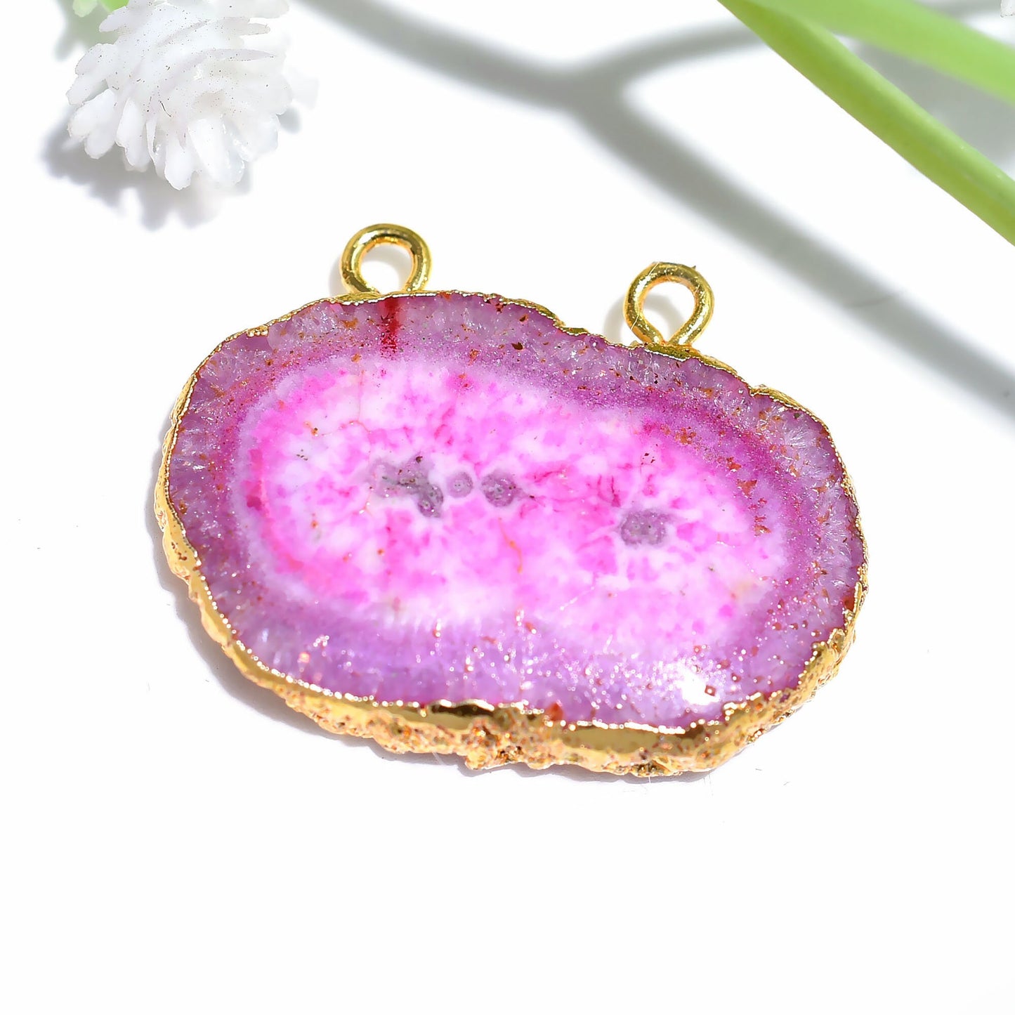 Lovely Pink Solar Quartz Pendant, Gold Electroplated Crystal Gemstone with Double Bail Connector