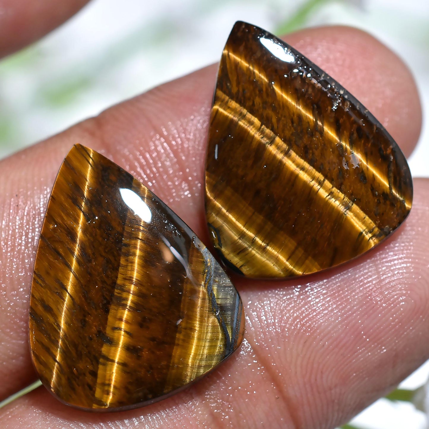 Natural Golden Tiger Eye Cabochon Pair – Smooth Polished Loose Stones for Earrings