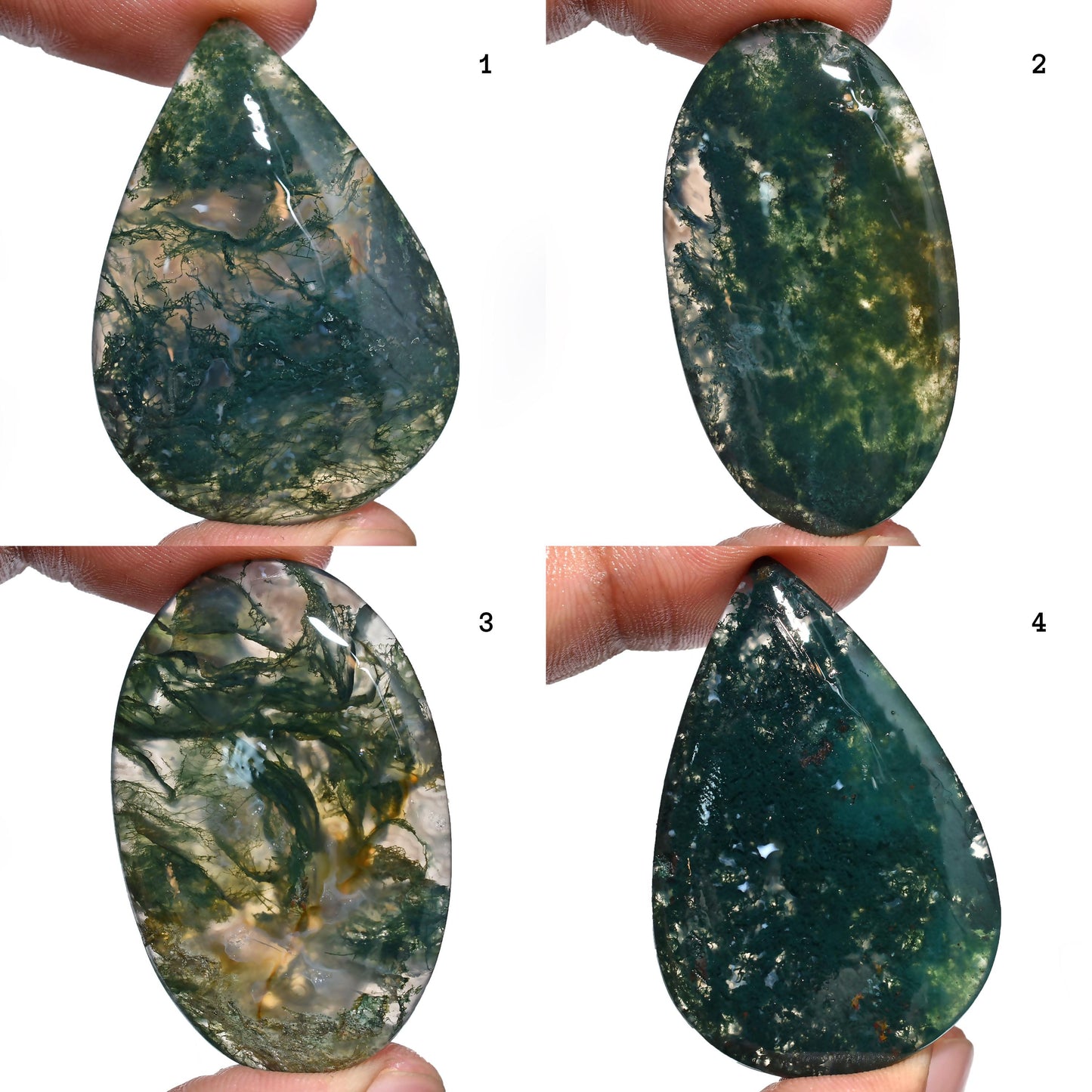 Elegant Moss Agate Cabochons – Smooth Green Oval & Pear Gemstones for Jewelry