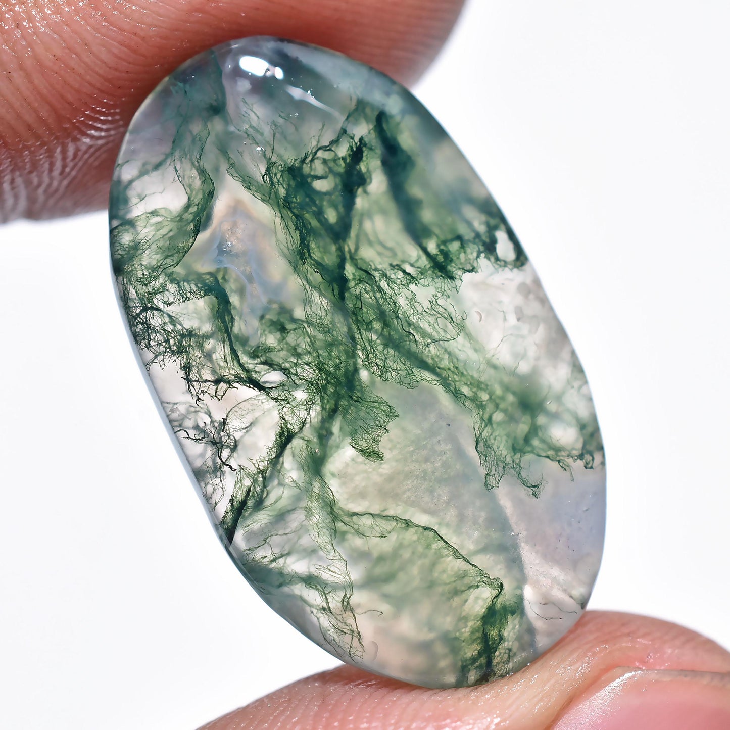 Moss Agate Cabochon - Polished Green Oval Gemstone