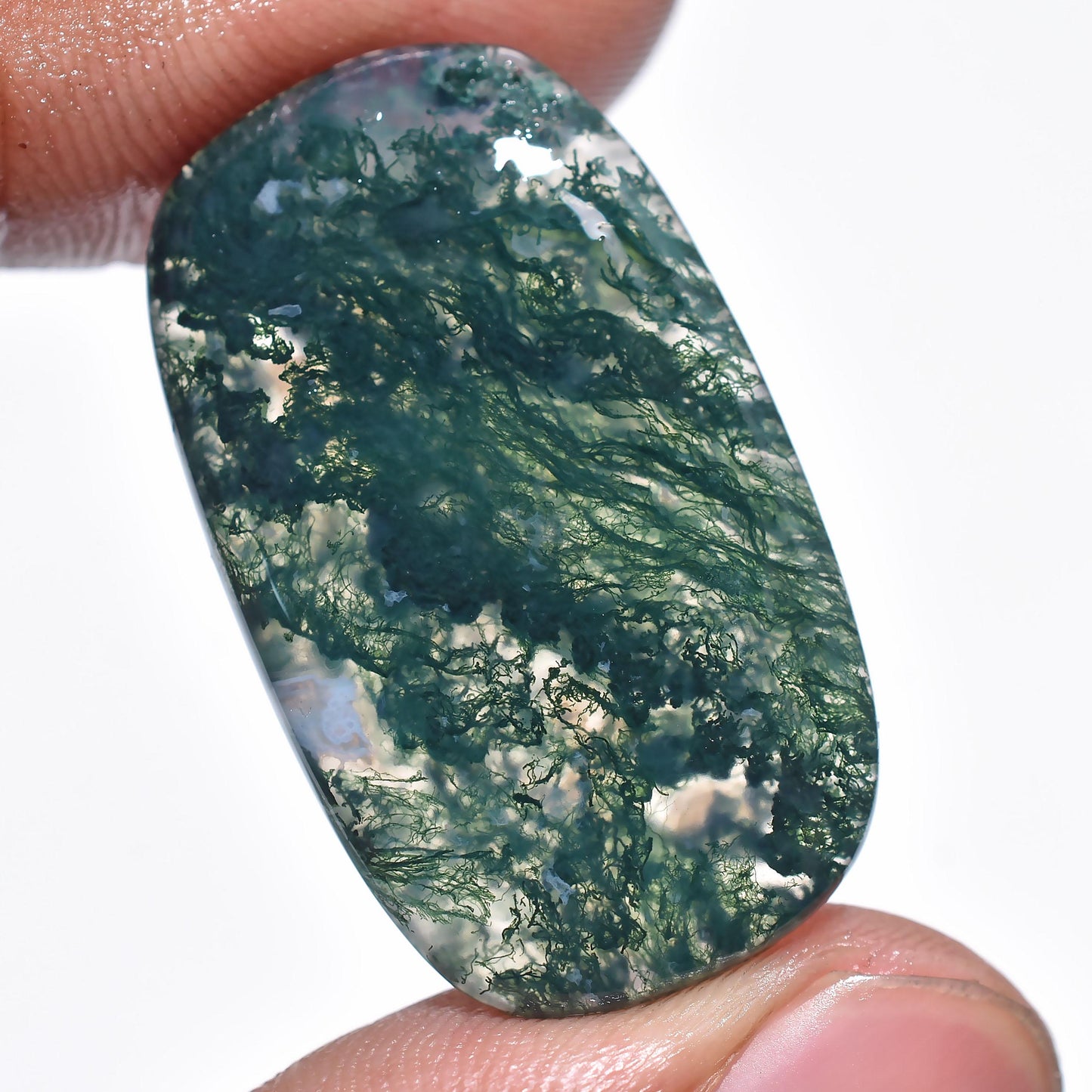 Moss Agate Cabochon - Polished Green Oval Gemstone