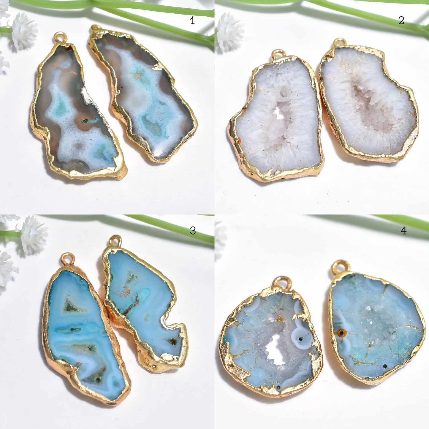 Natural Geode Druzy Earrings - Gold Plated Agate Slice with Blue Crystals