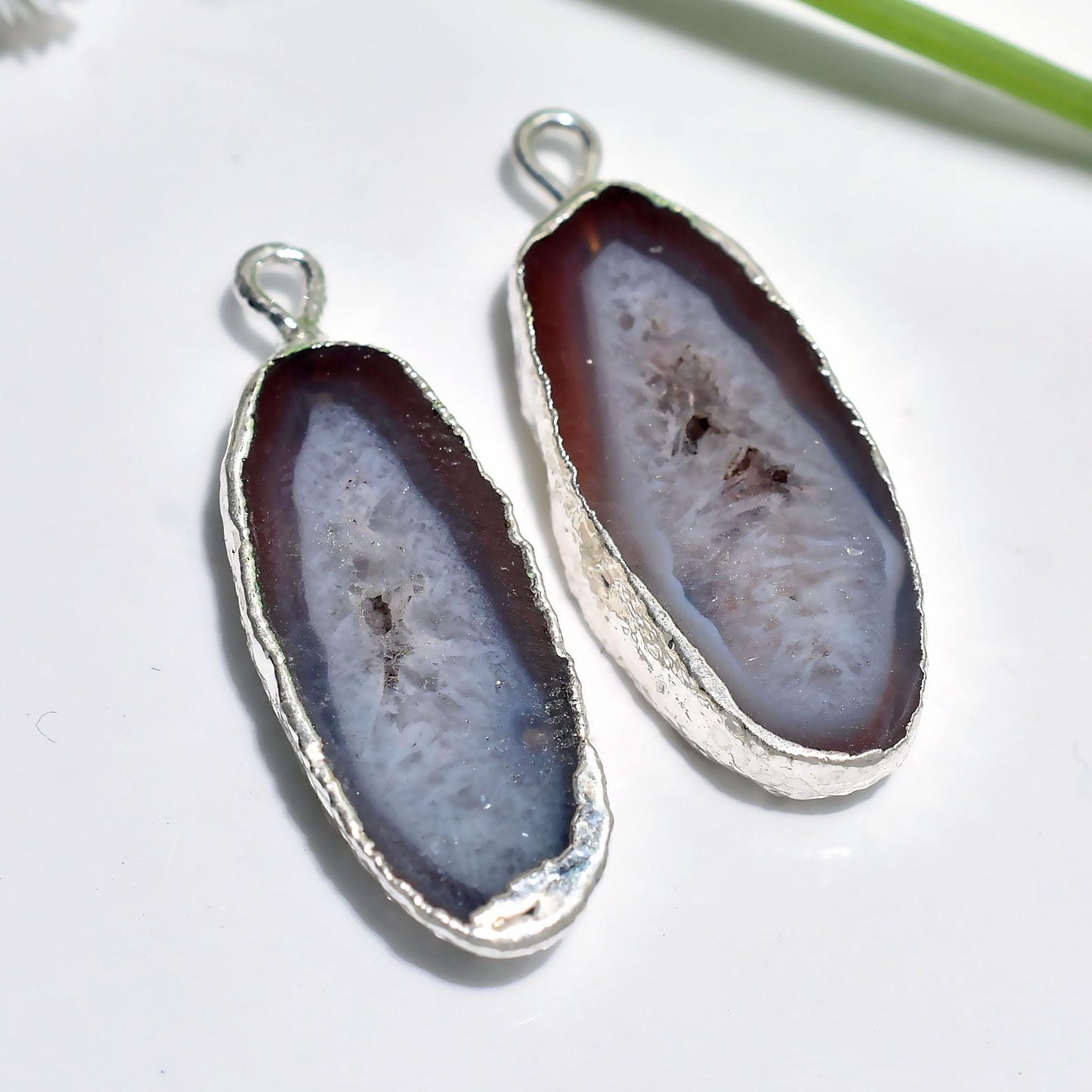 Solar Quartz Gemstone Pair - Silver Electroplated Earrings Pair - Fancy Shape Geode Agate