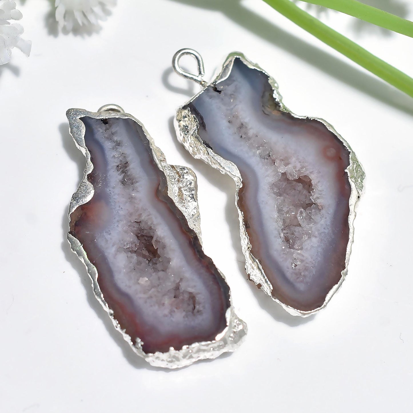 Solar Quartz Gemstone Pair - Silver Electroplated Earrings Pair - Fancy Shape Geode Agate