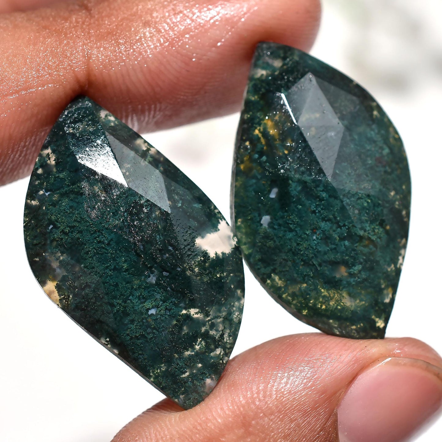 Beautiful Moss Agate Faceted Pair – Fancy Shape Green Crytsal Stone