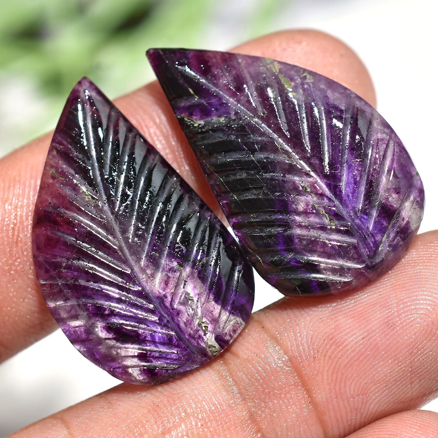Fluorite Leaf Carved Earring Pair – Hand-Carved Purple Fluorite Cabochons