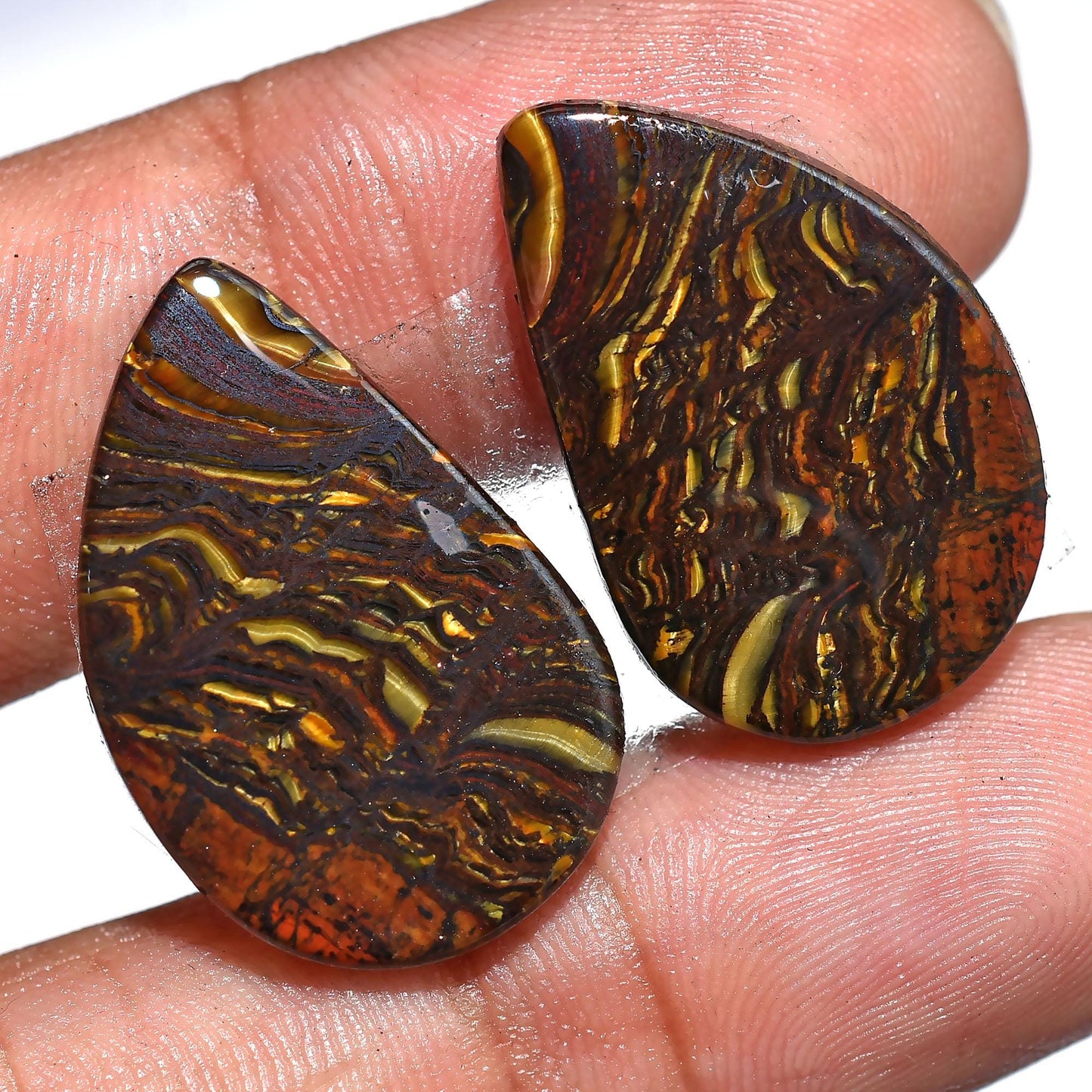 Attractive Iron Tiger Eye Gemstone Pair - Oval Shaped Cabochons for Custom Earrings, Wholesale Flatback Stones