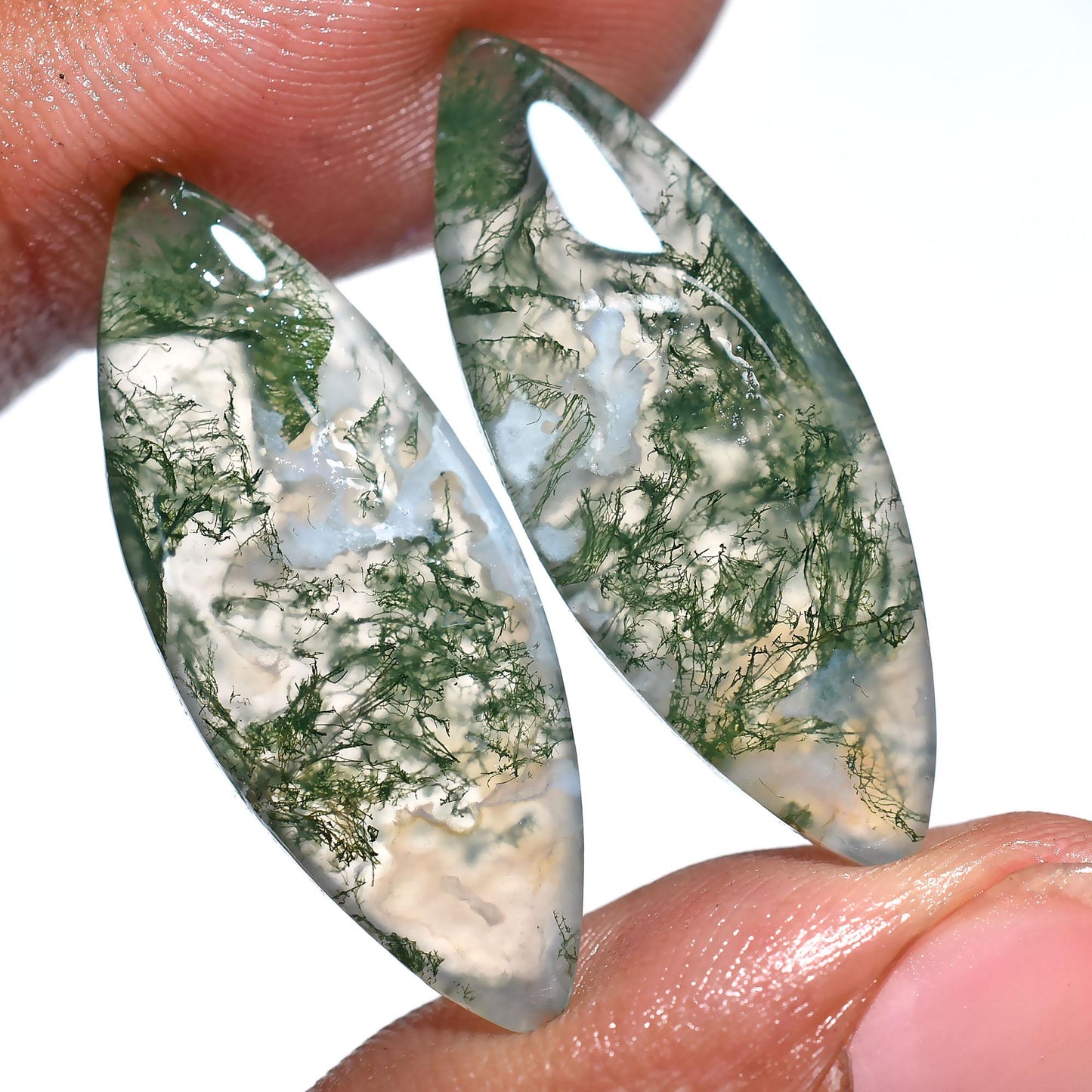 Green Moss Agate Pair – Marquise Shape Crystal Cabochon, Loose Stone Pair for Earrings