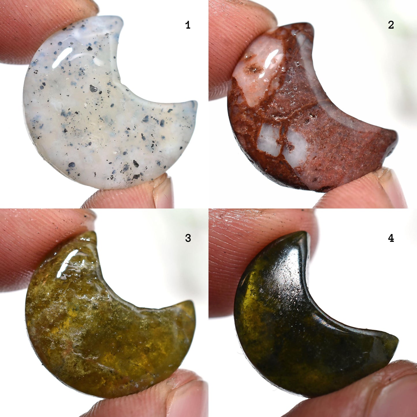 Natural Mix Jasper Moon Cabochon – Crescent Moon Carving, Smooth Half Moon Crystal